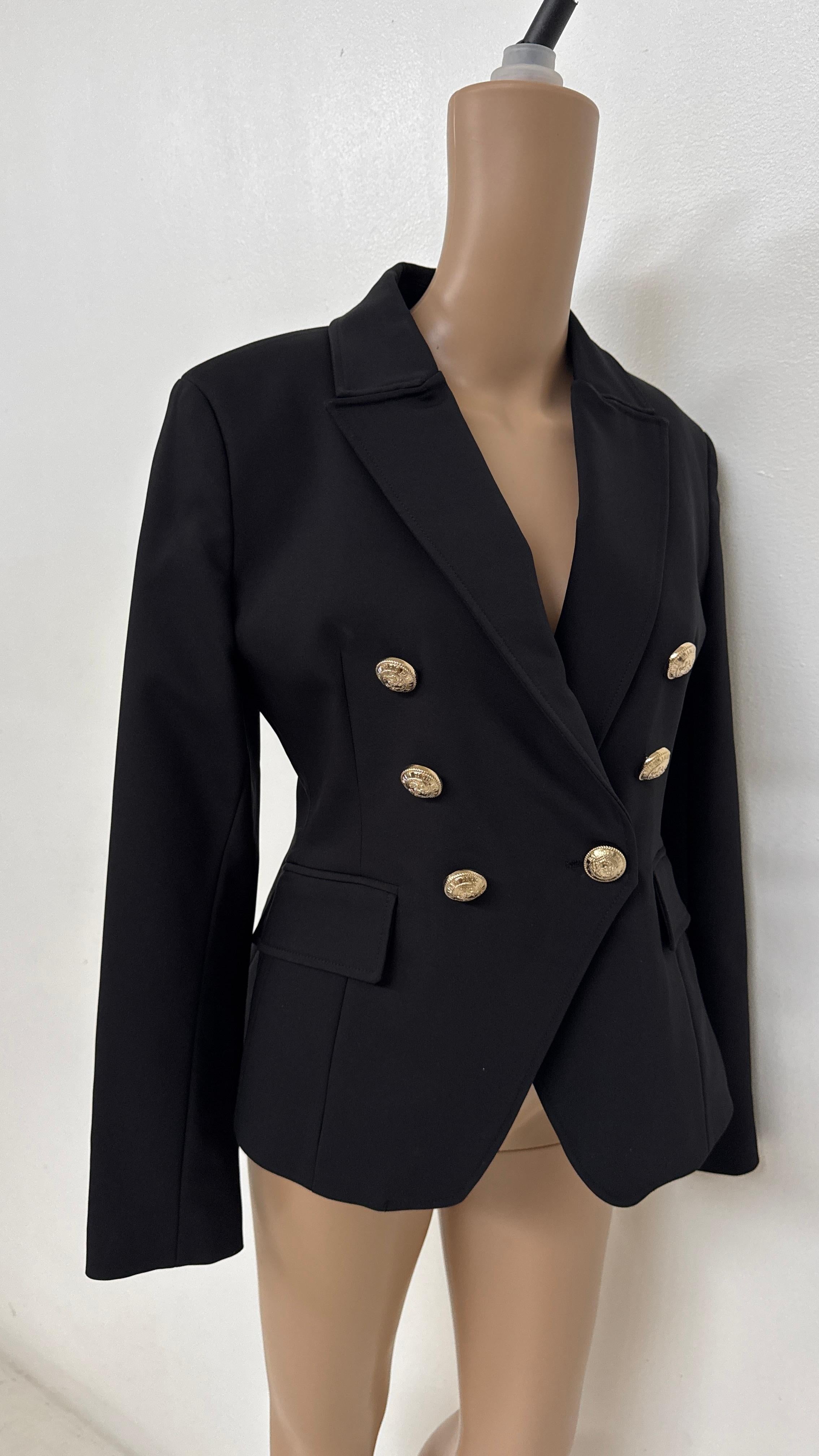 Iconic Balmain Black Double-Breasted Blazer with Gold Medallion Buttons For Sale 1