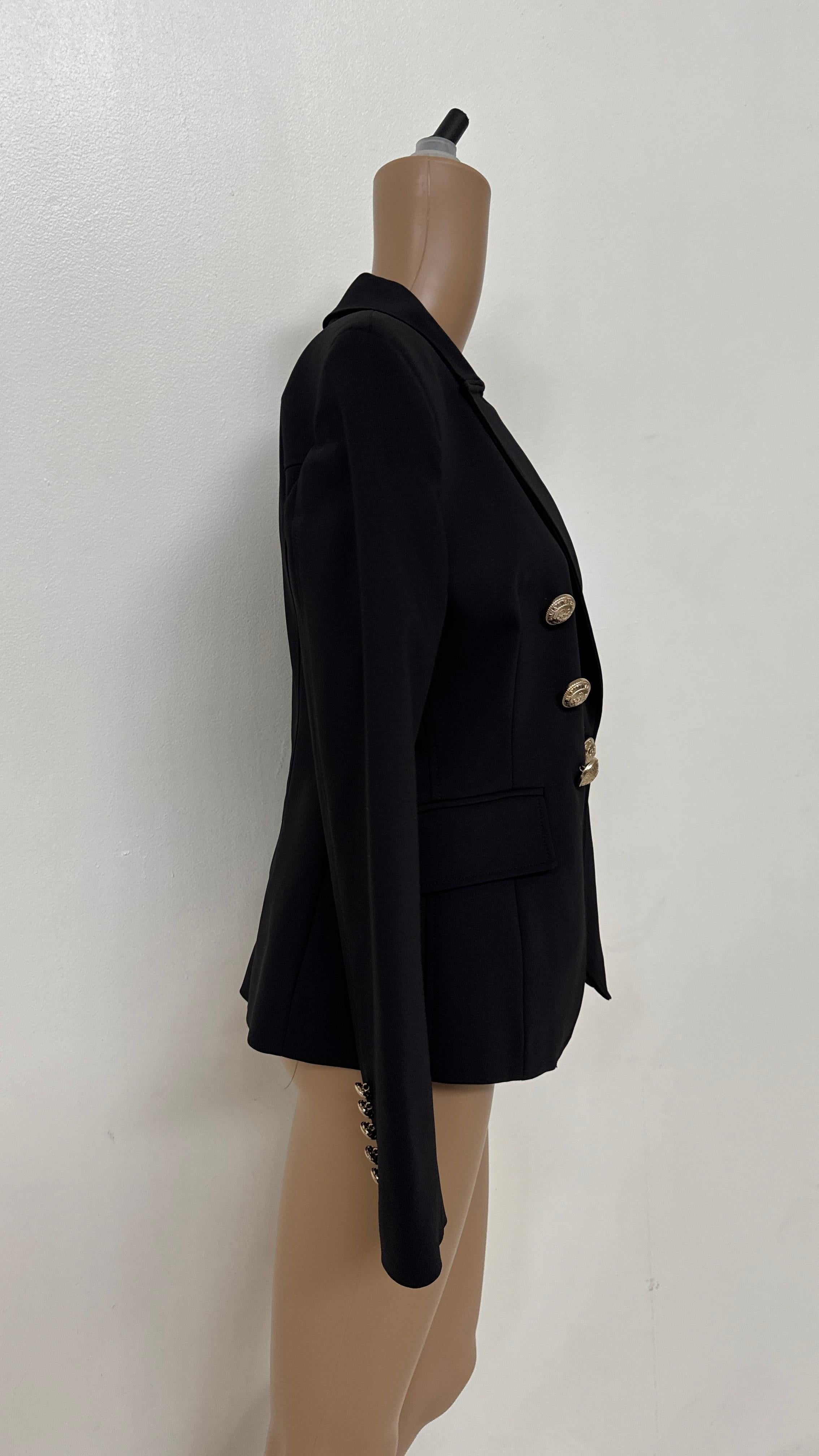 Iconic Balmain Black Double-Breasted Blazer with Gold Medallion Buttons For Sale 3