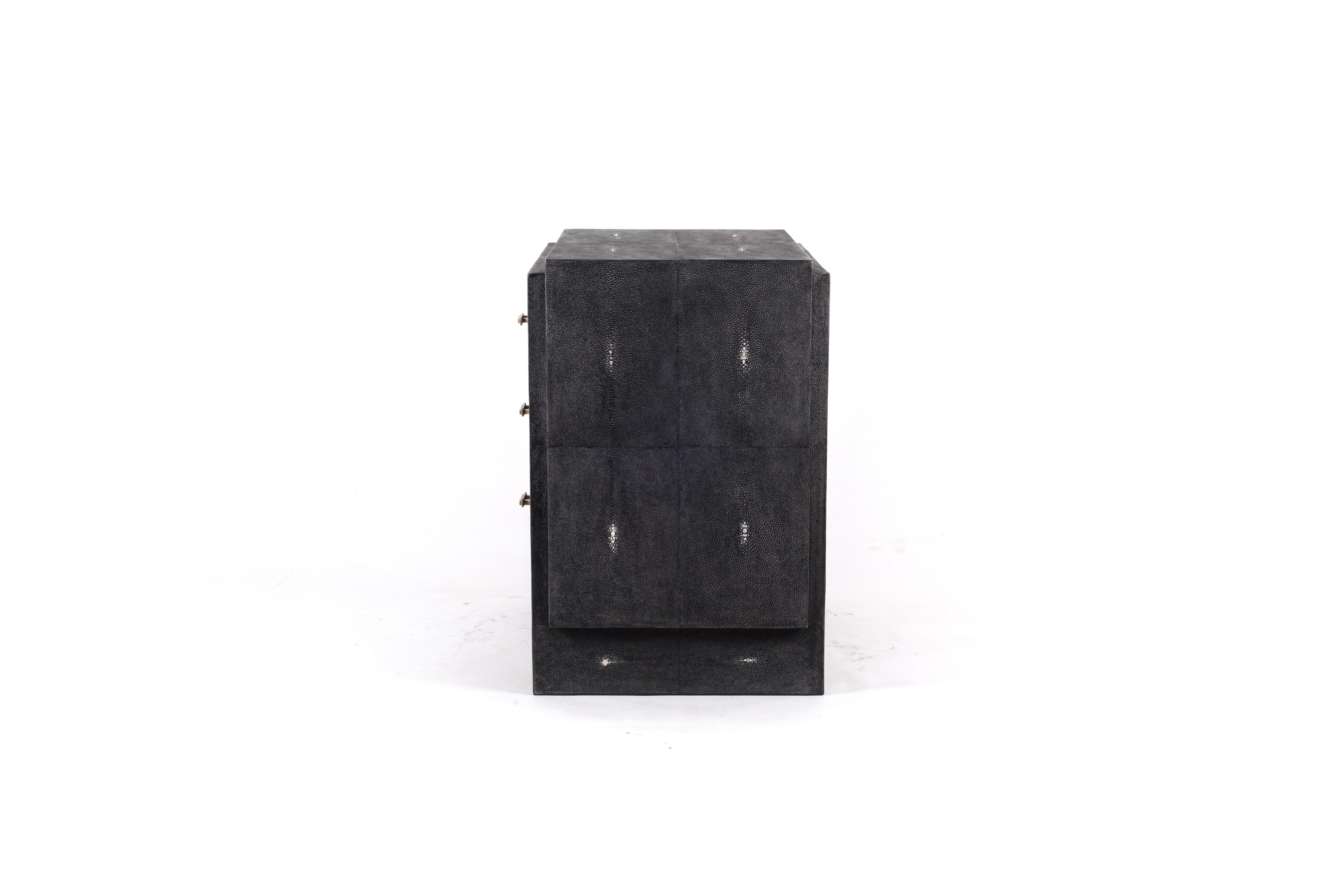 Art Deco Iconic Bedside Table with Beveled Drawers in Coal Black Shagreen by R&Y Augousti For Sale