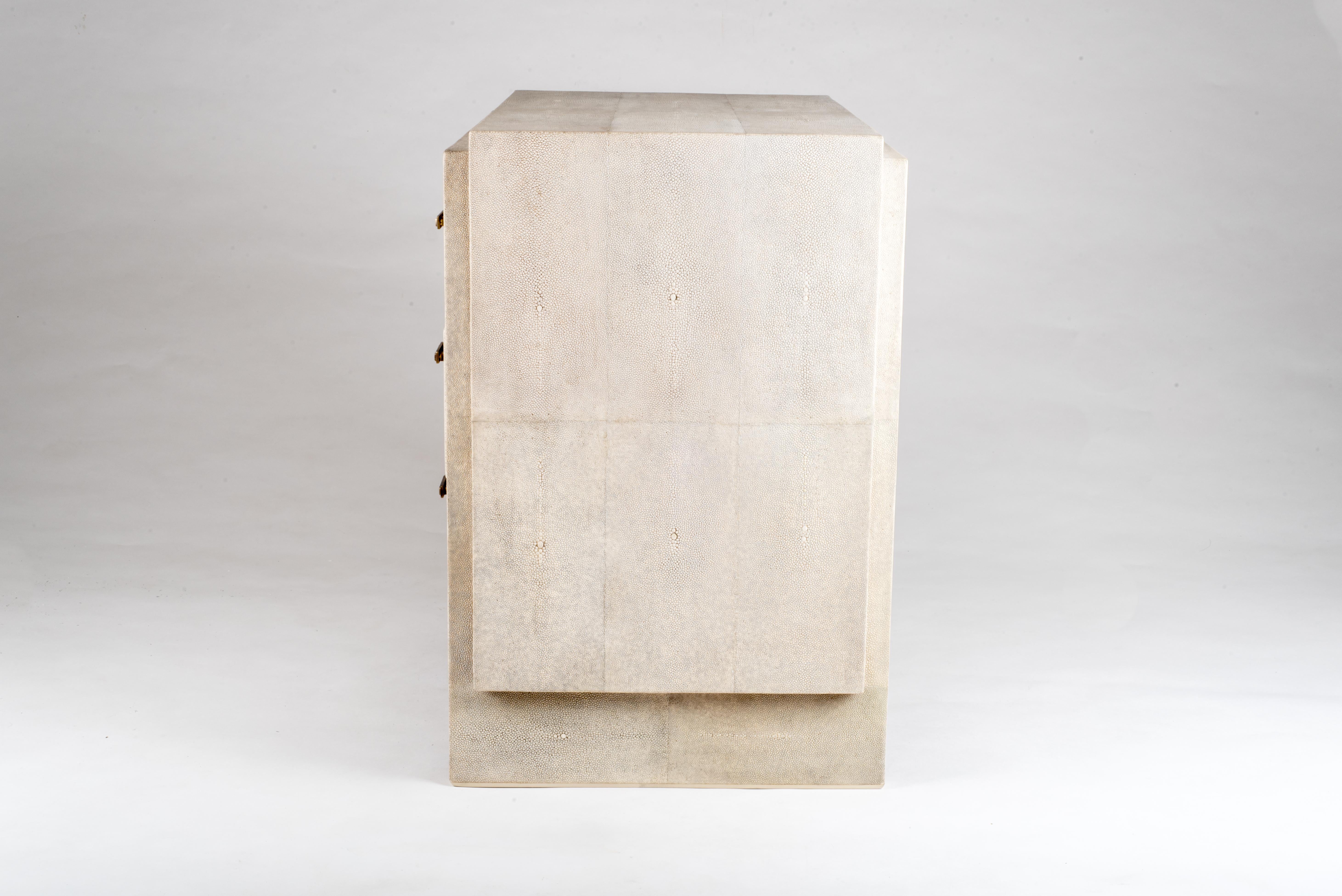 Art Deco Iconic Bedside Table with Beveled Drawers in Cream Shagreen by R&Y Augousti
