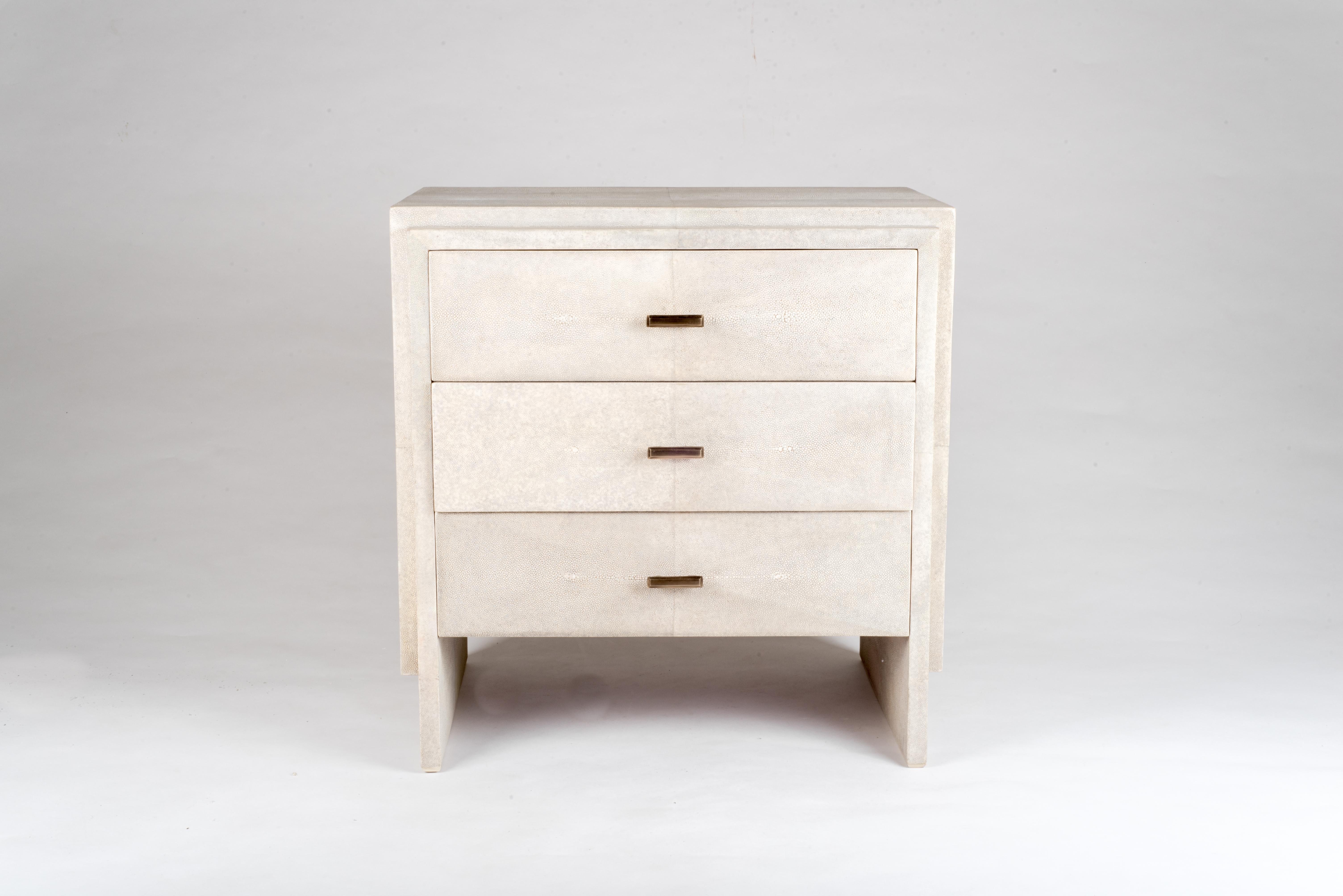 French Iconic Bedside Table with Beveled Drawers in Cream Shagreen by R&Y Augousti
