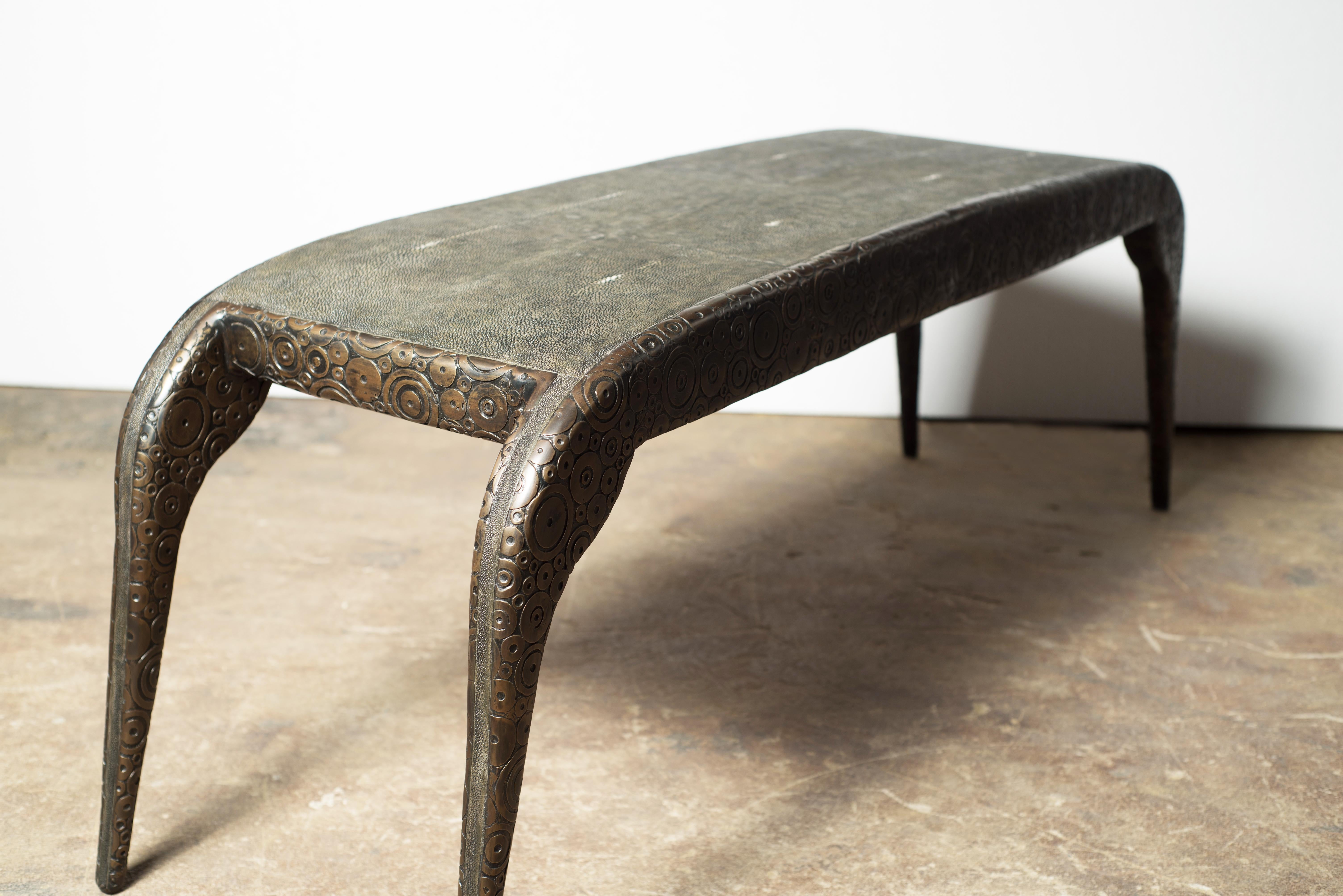 Art Deco Iconic Bench in Black Shagreen with Bronze-Patina Brass Circles by R&Y Augousti