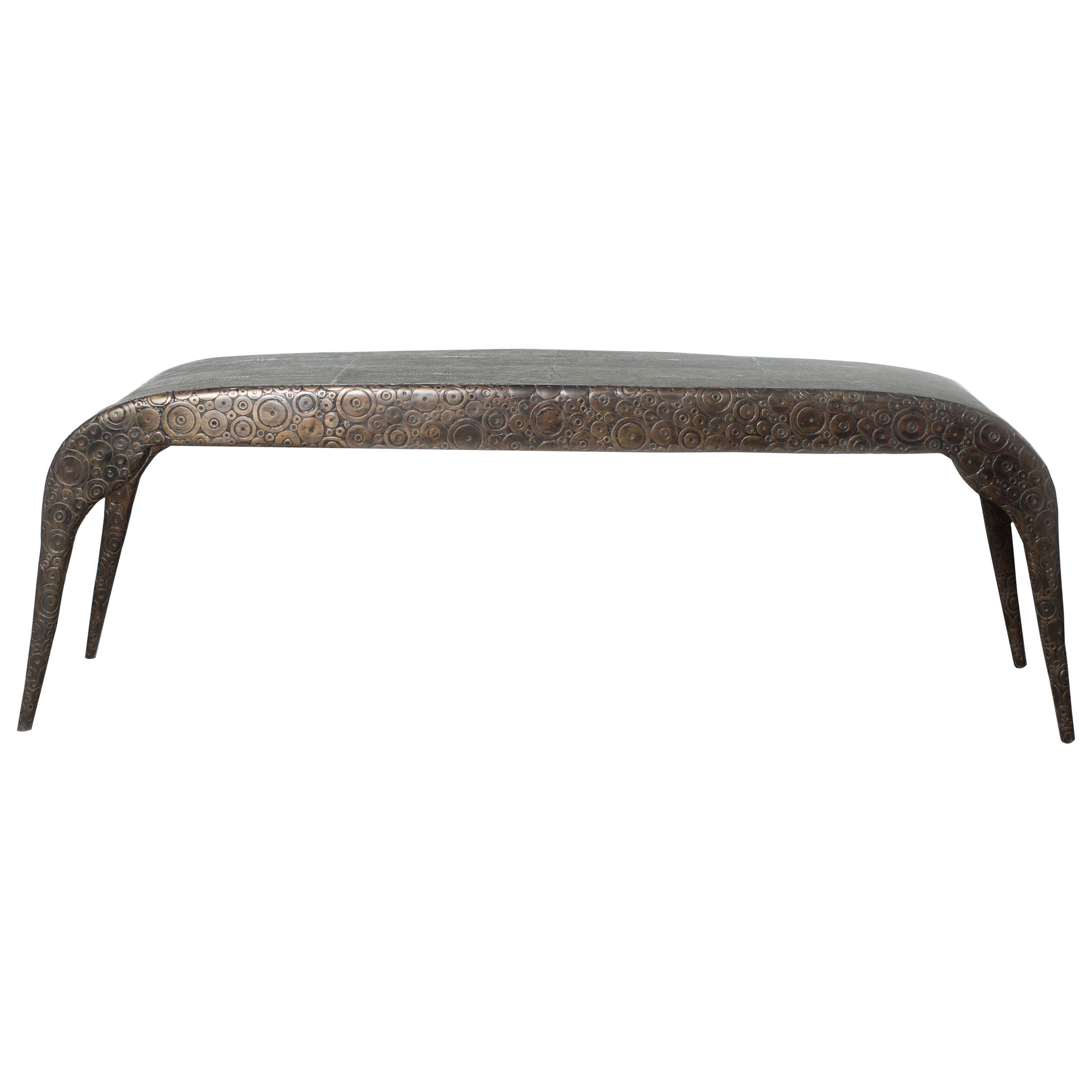 Iconic Bench in Black Shagreen with Bronze-Patina Brass Circles by R&Y Augousti