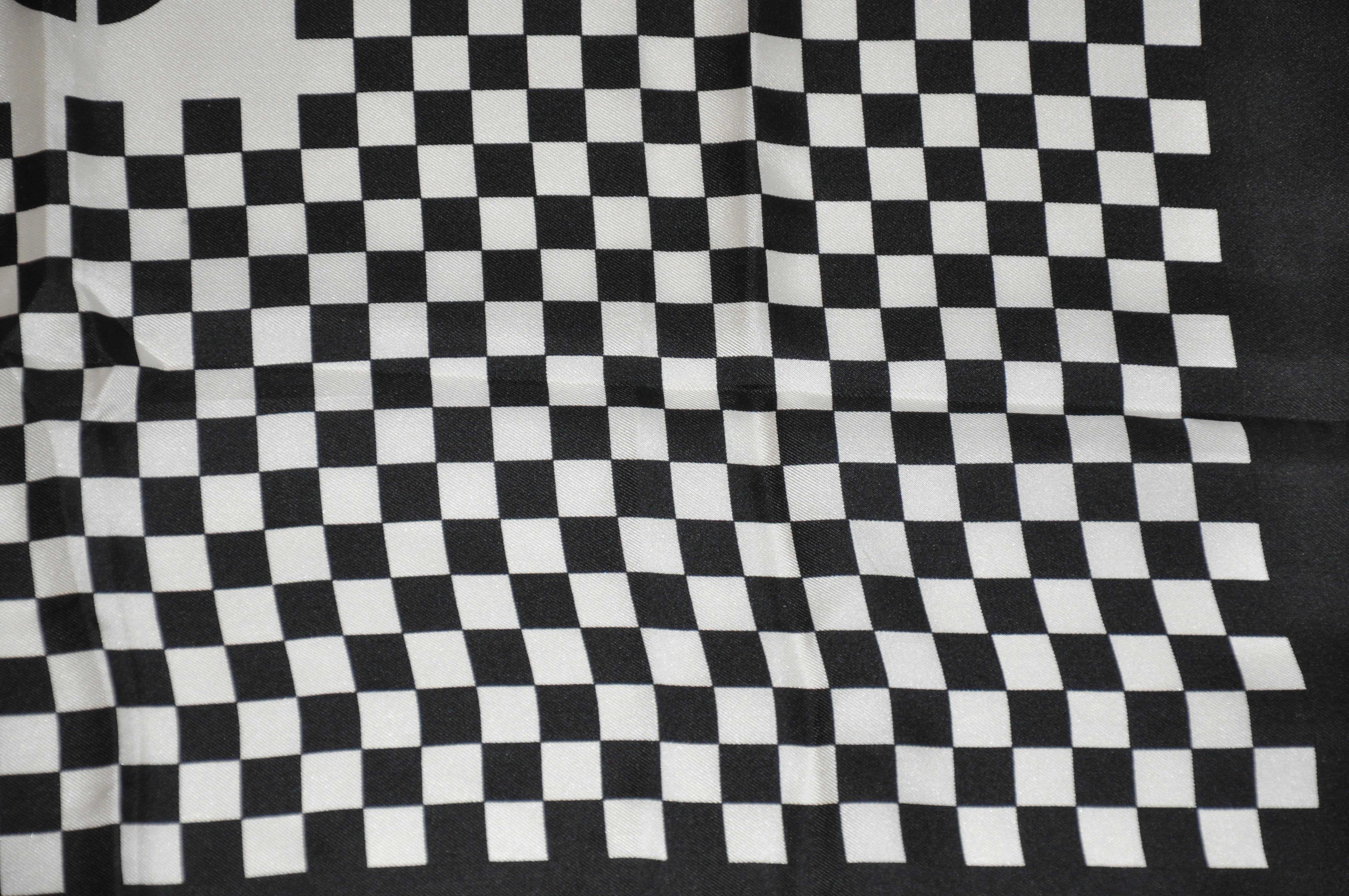 Iconic Bill Blass Black & White Checkered Signature Logo Silk Scarf In Good Condition For Sale In New York, NY