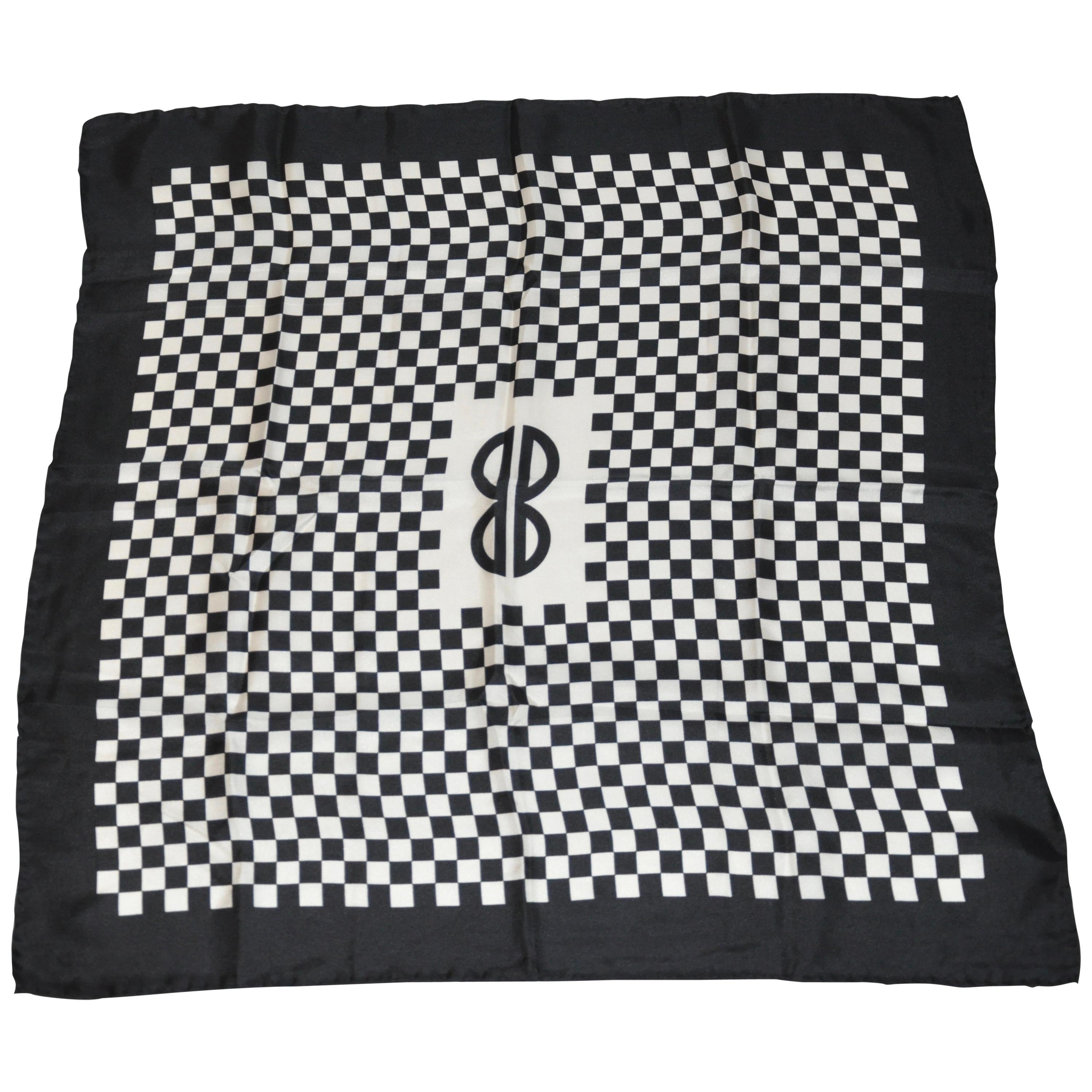 Iconic Bill Blass Black & White Checkered Signature Logo Silk Scarf