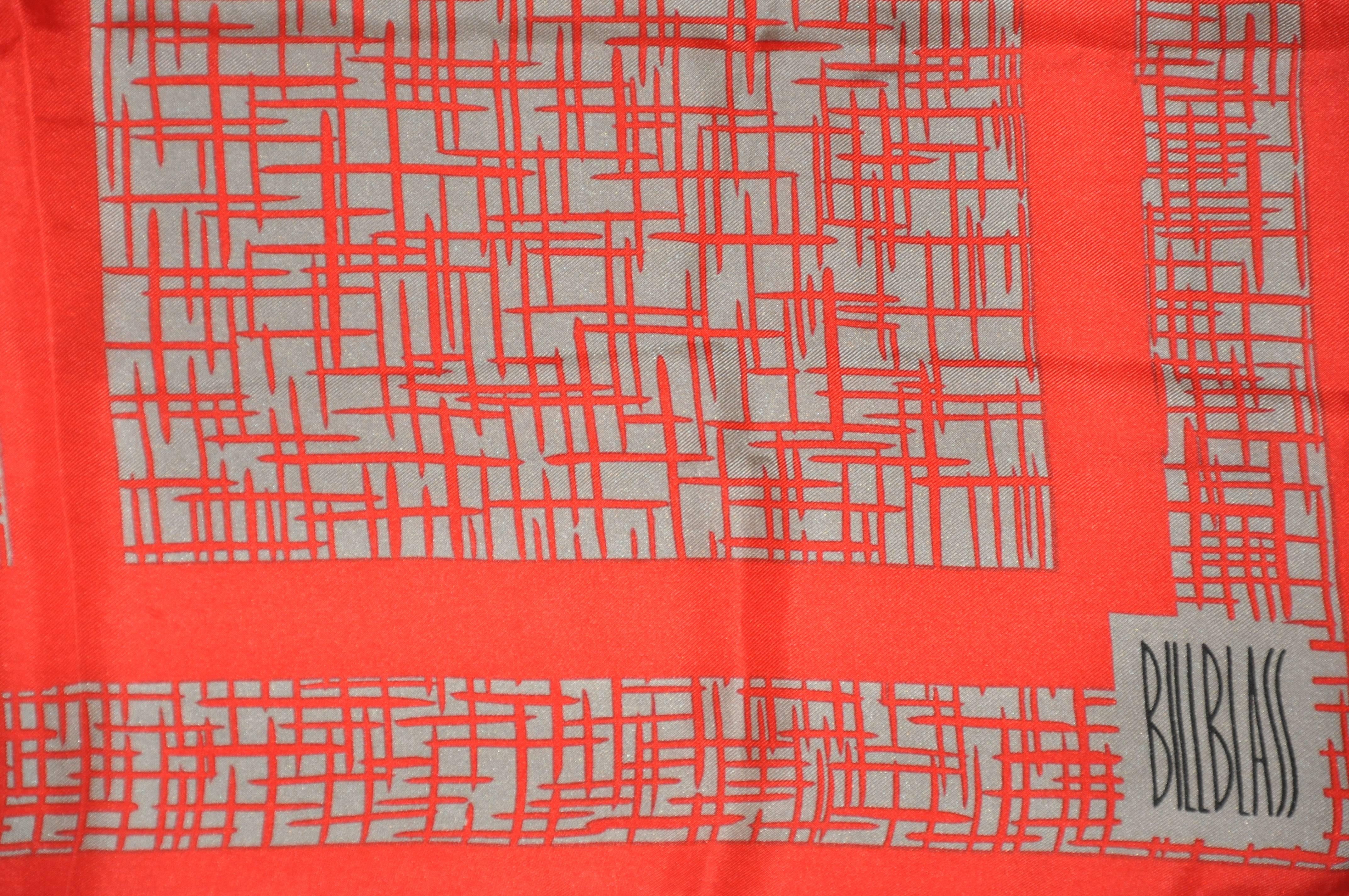 Orange Bill Blass Bold and Vivid Red with Steel Gray Silk Scarf For Sale