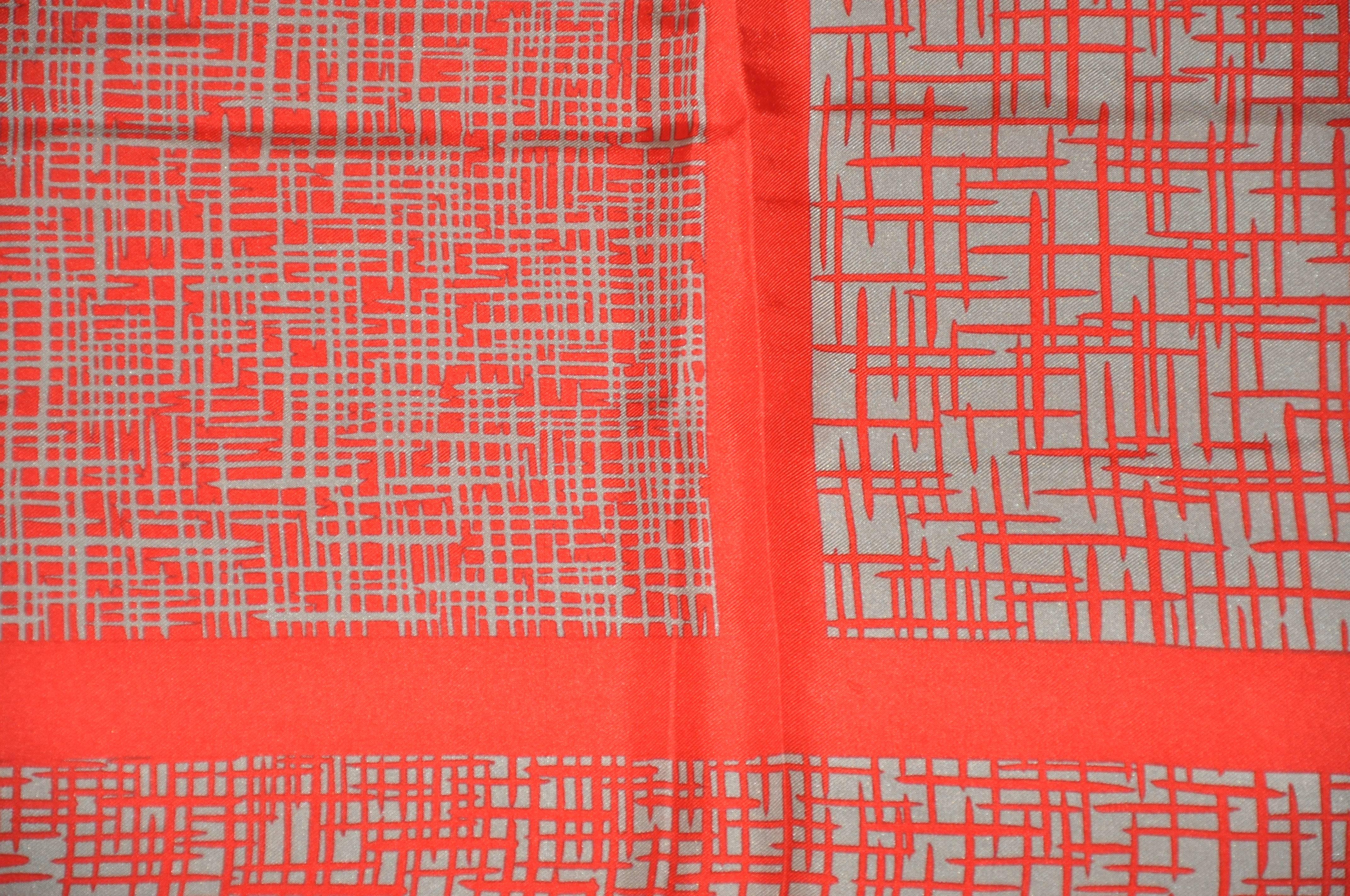 Bill Blass Bold and Vivid Red with Steel Gray Silk Scarf In Good Condition For Sale In New York, NY