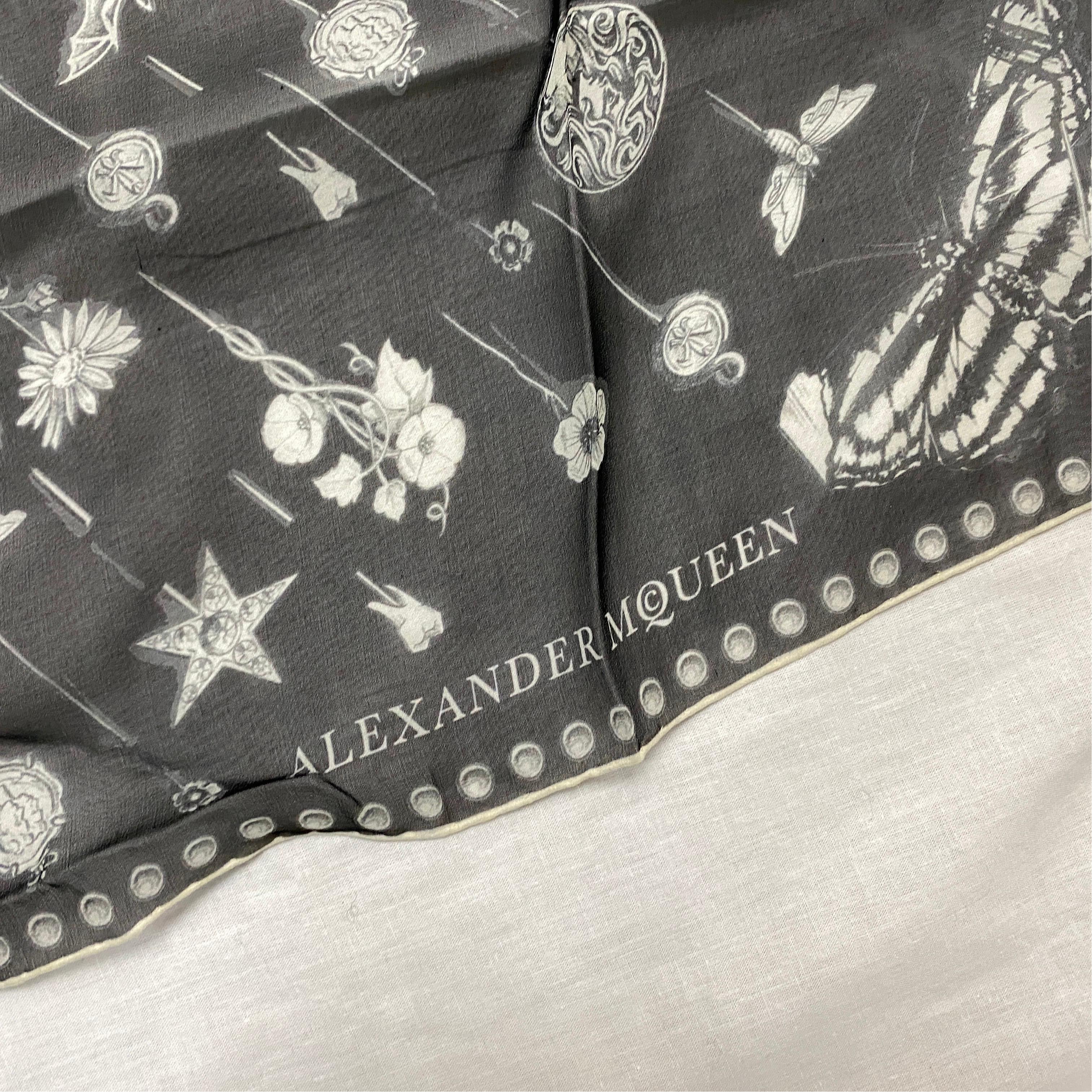 Women's or Men's Iconic Black and White Silk Scarf by Alexander McQueen, with central Skull