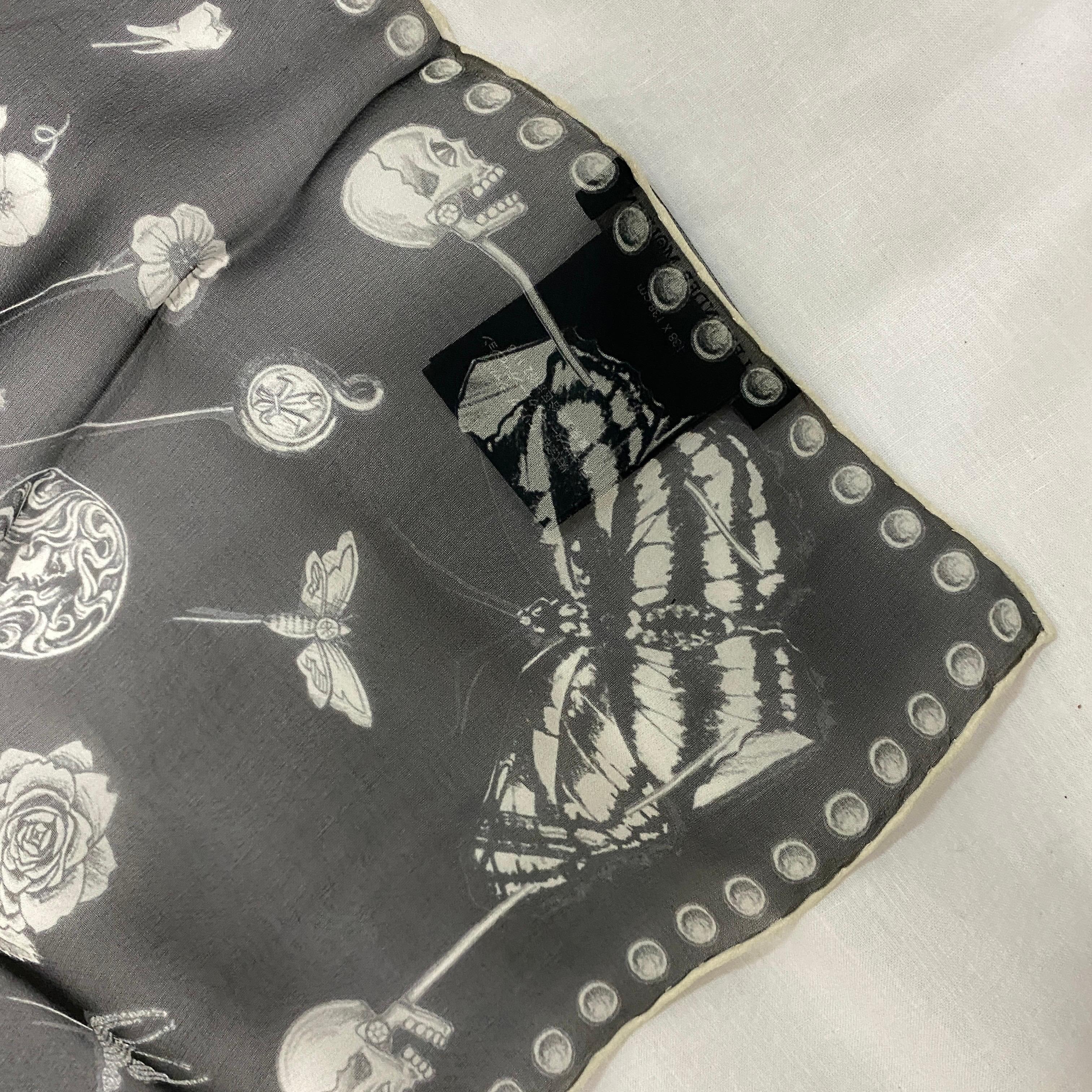 Iconic Black and White Silk Scarf by Alexander McQueen, with central Skull 1