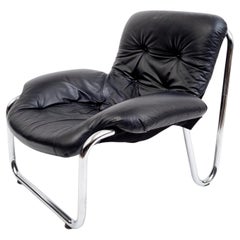 1970s Lounge Chair in Black Leather