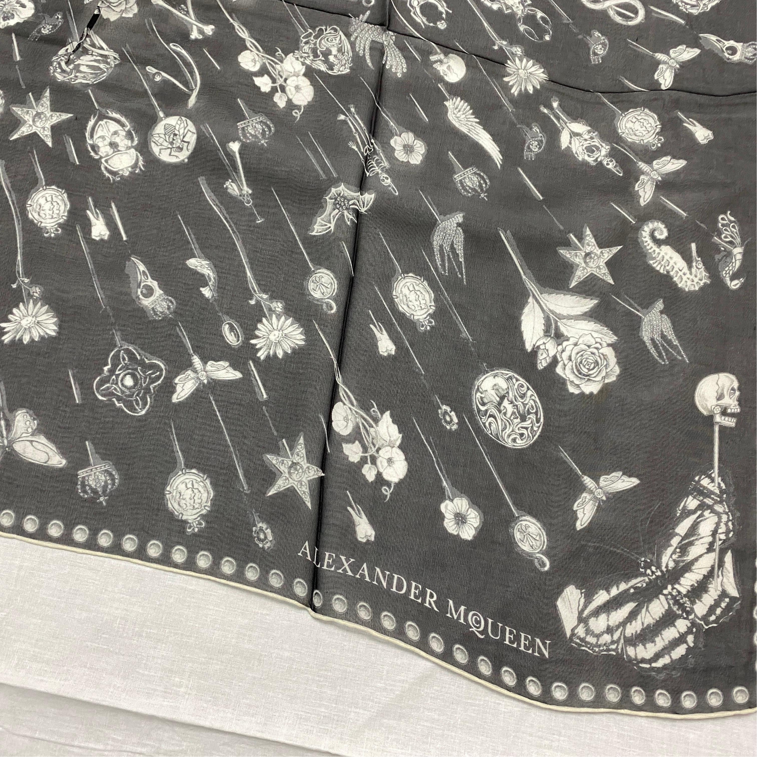 White Skulls Animal and Flowers on Black Silk Scarf by Alexander McQueen 1