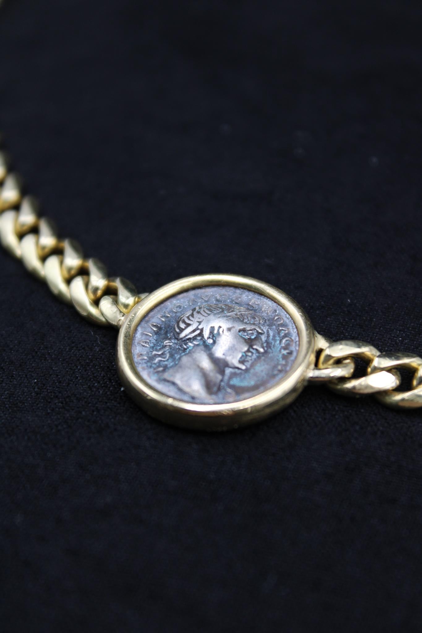 Women's or Men's Iconic Bulgari Monete Necklace in 18k Gold with Ancient Roman Silver Coin For Sale
