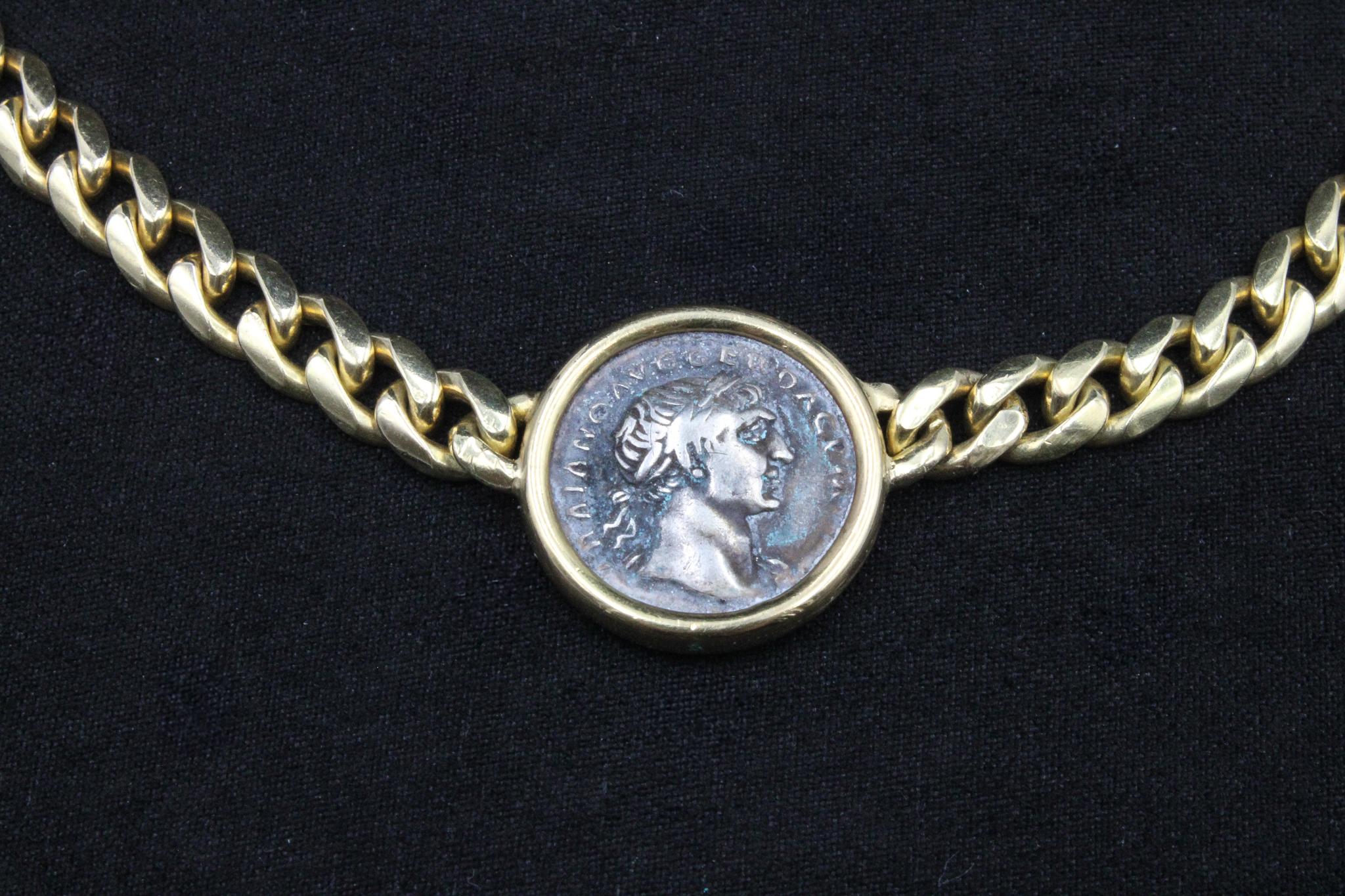 Iconic Bulgari Monete Necklace in 18k Gold with Ancient Roman Silver Coin For Sale 1