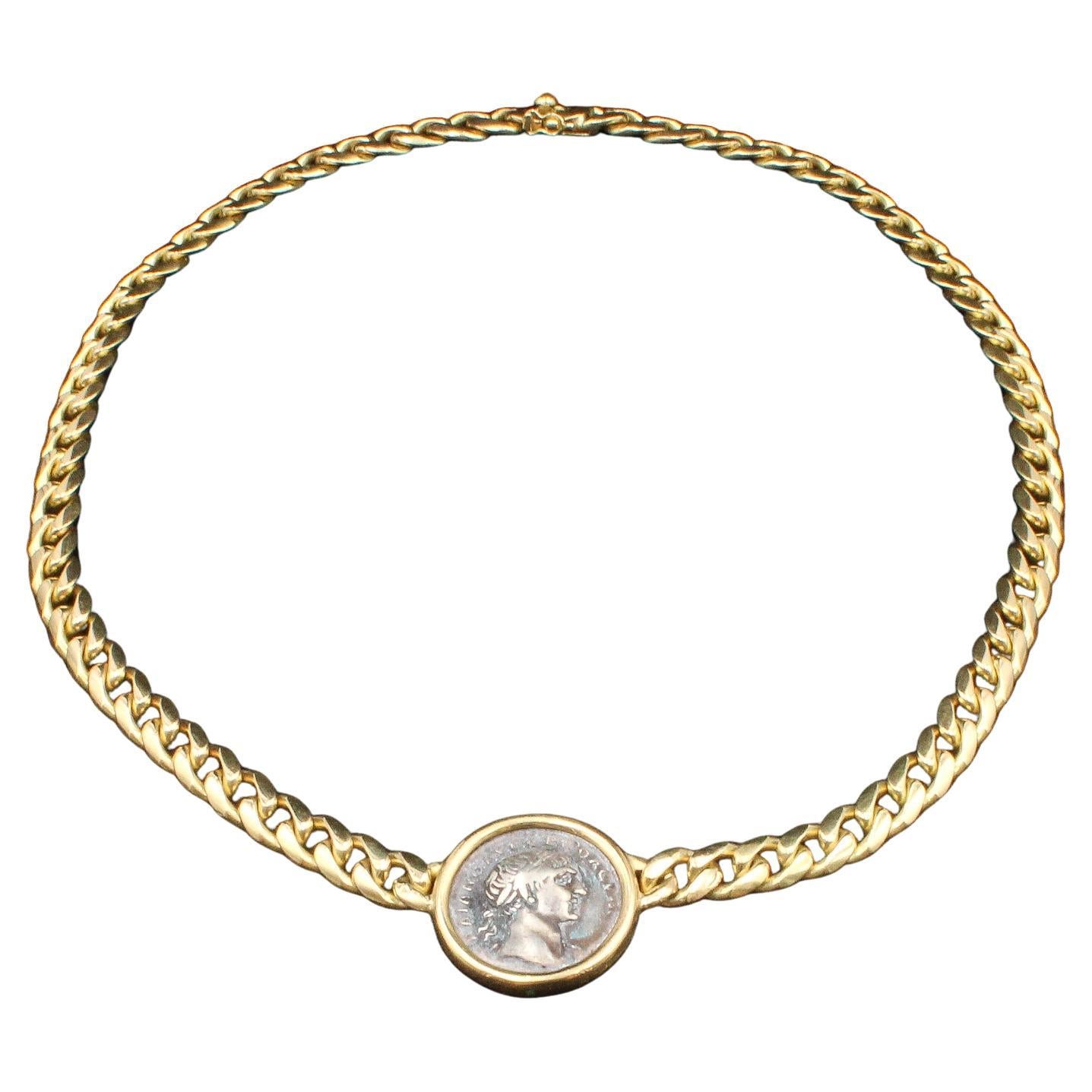Iconic Bulgari Monete Necklace in 18k Gold with Ancient Roman Silver Coin