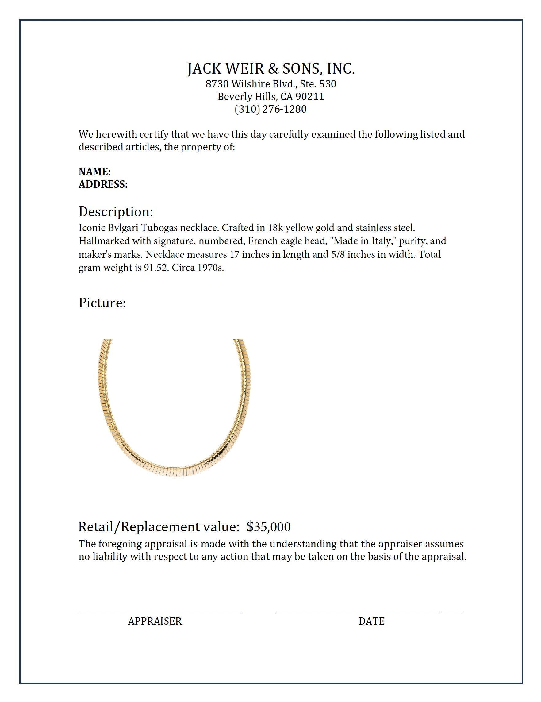 Women's or Men's Iconic Bvlgari 18k yellow gold Tubogas necklace