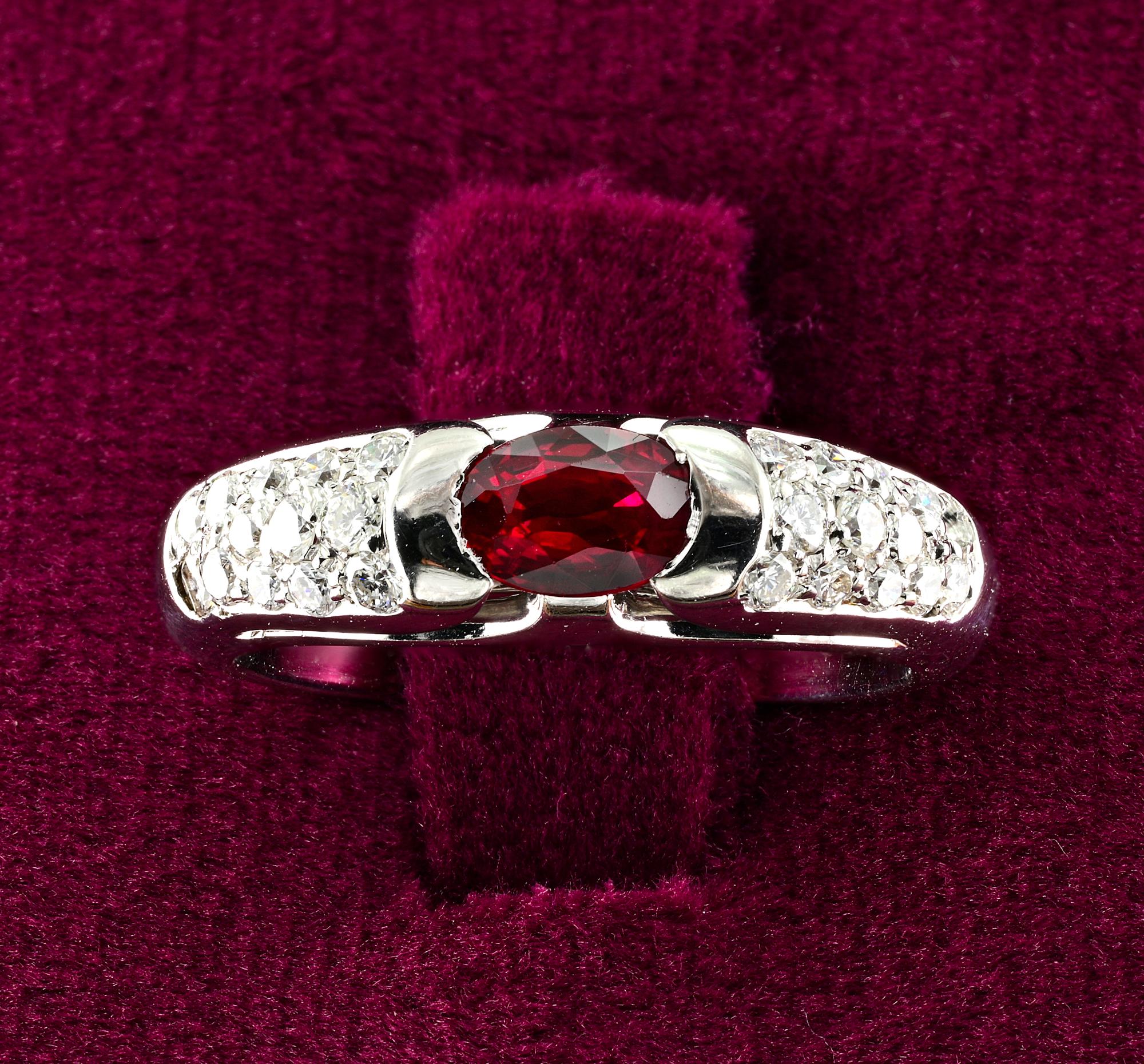 This Bvlgari classy designed band ring is 1980 ca
Hand crafted in a charming style of solid 18 KT white gold
Bearing Bvlgari hallmarks, assay Italy
Set with a stunning Red Pigeon Blood natural Ruby, approx. .55 Ct (5.80 mm. x 4.11 mm.) 