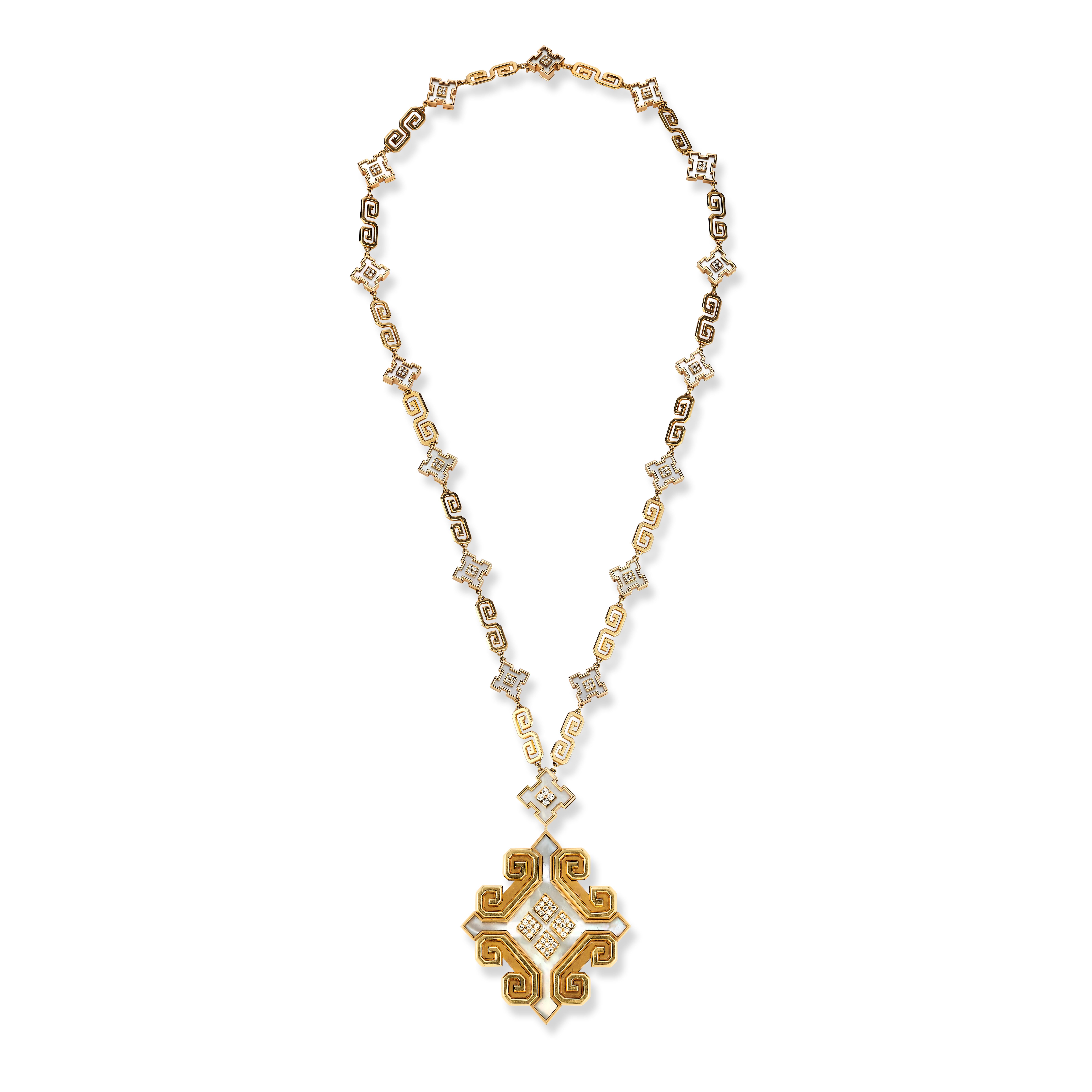 Bulgari Mother of Pearl Sautoir Necklace

Exhibited in Masterpieces of 1970-1979 in New Bond Street in 2013

An 18 karat gold pendant necklace set with round cut diamonds and mother of pearl. 

The pendant is removable allowing it to be worn as a