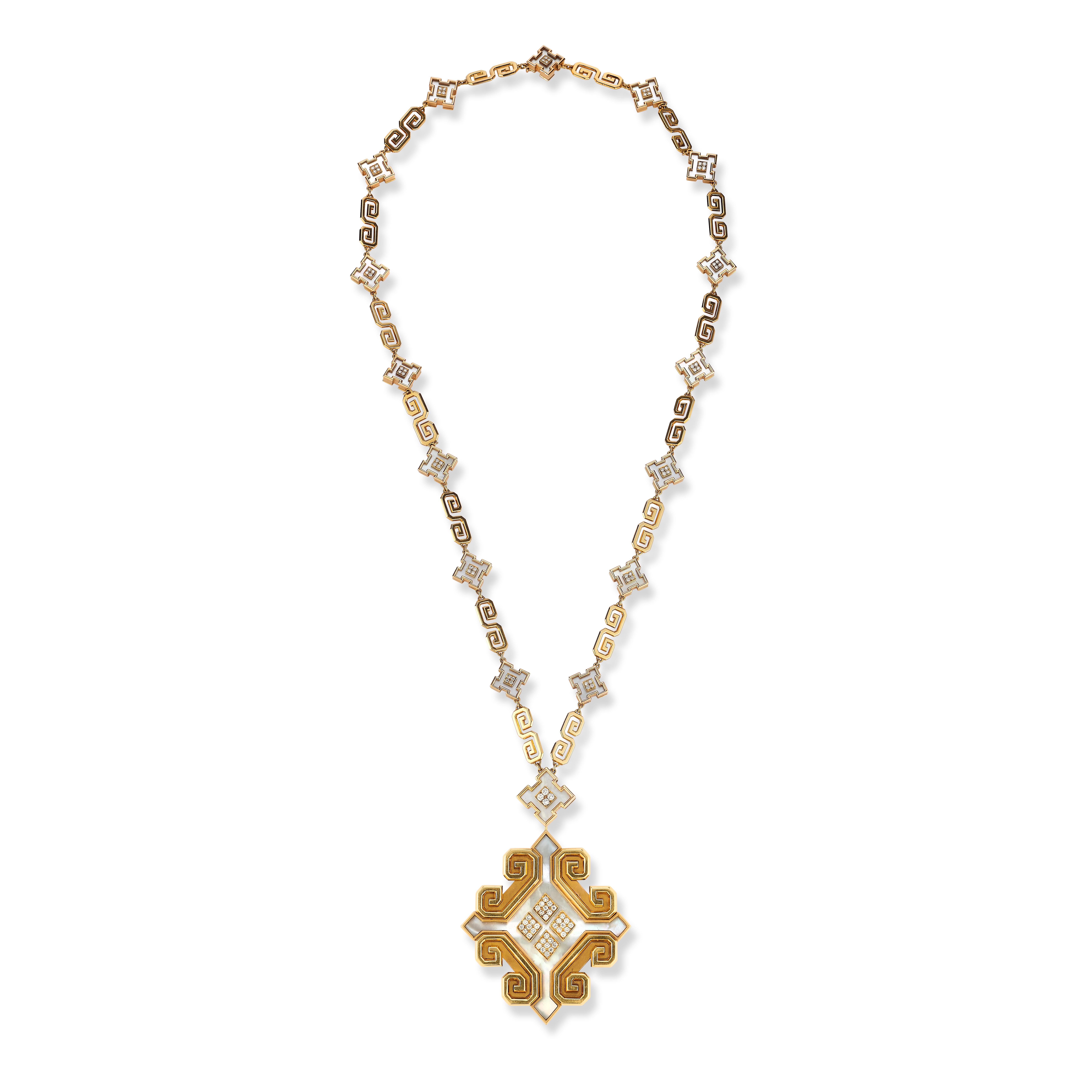 Bulgari Mother of Pearl Sautoir Necklace

Exhibited in Masterpieces of 1970-1979 in New Bond Street in 2013

An 18 karat gold pendant necklace set with round cut diamonds and mother of pearl. 

The pendant is removable allowing it to be worn as a