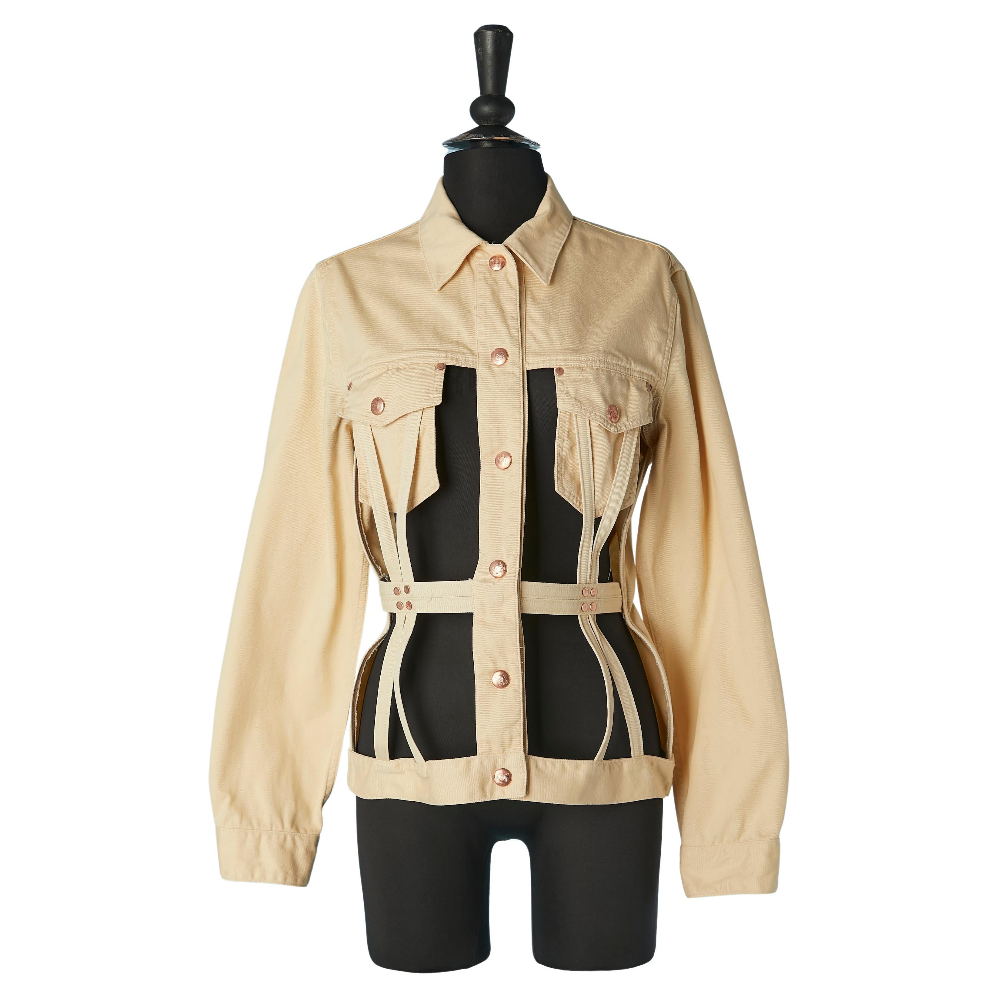 Iconic "cage" jacket in beige cotton with branded snap closure  GAULTIER JUNIOR For Sale