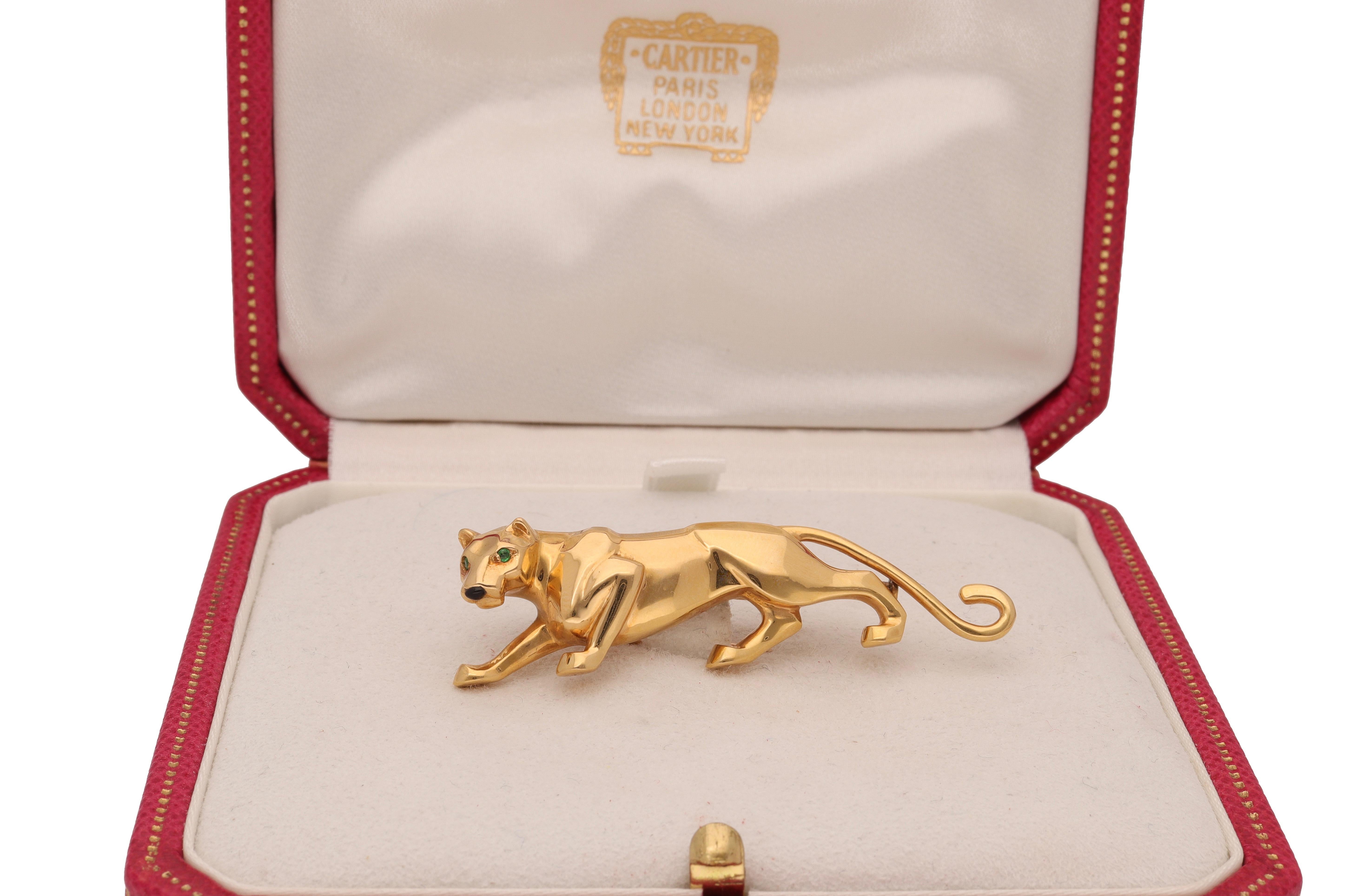 Round Cut Iconic Cartier 18 Karat Yellow Gold Panthere Brooch