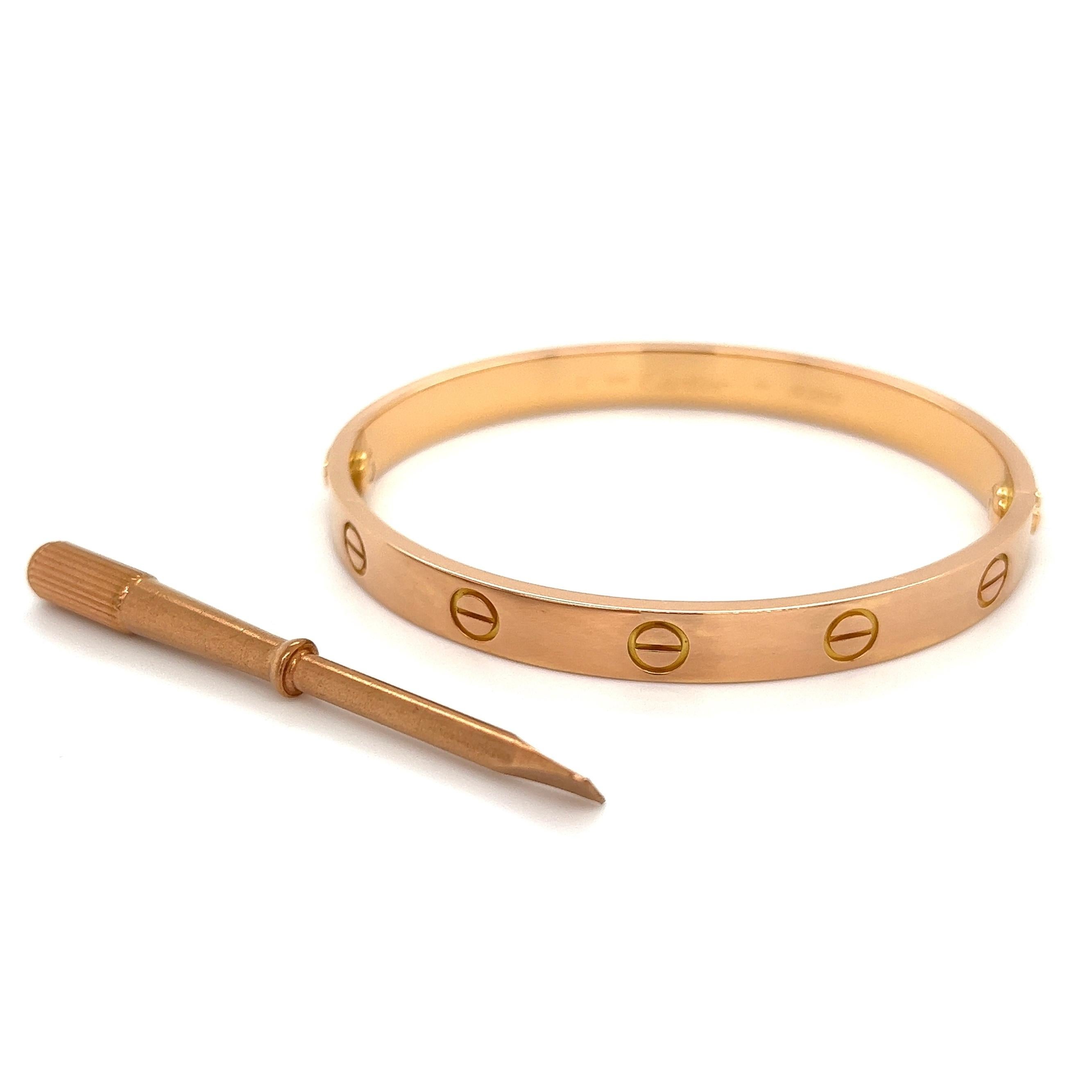 Iconic Cartier LOVE Bracelet, 18K Rose Gold, w/Screwdriver Size 17. Approx. size: 1.99” l x 2.40” w x 0.24” h. Excellent Condition. Stylish and Chic…A sure to be admired Perfect accessory for the Modern Woman! 


