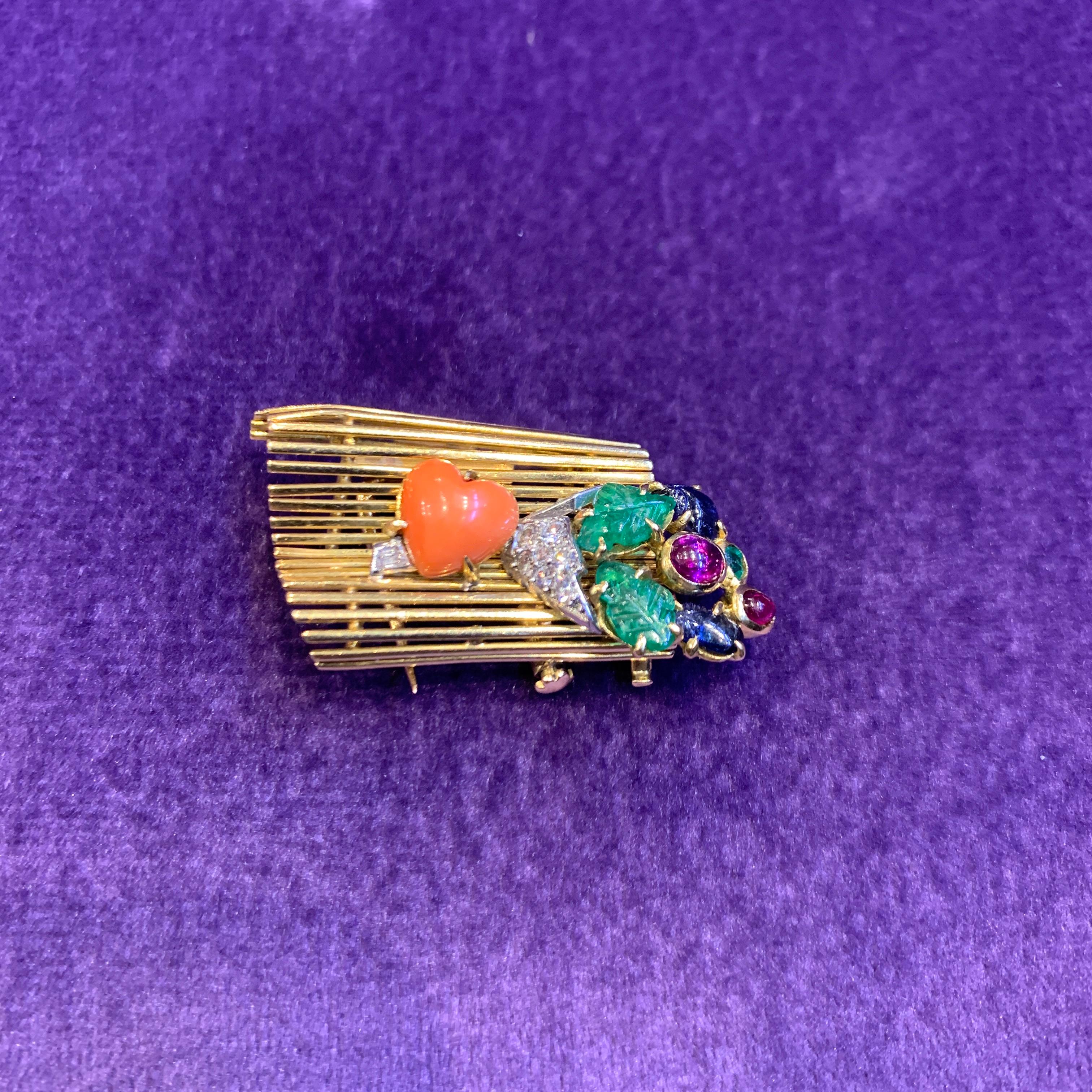 Iconic Cartier Tutti Frutti Lovers Bench Brooch In Excellent Condition In New York, NY