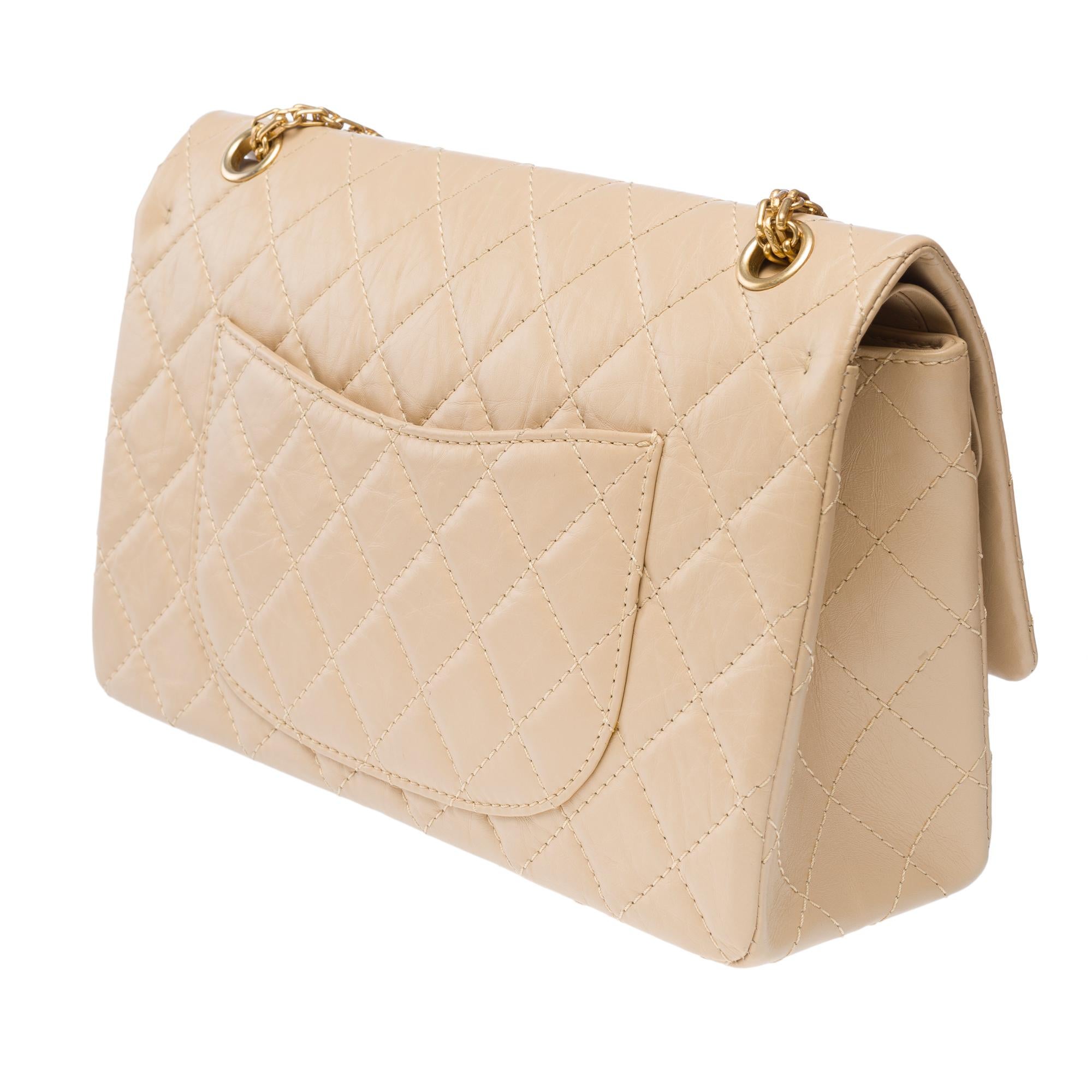 Iconic Chanel 2.55 double flap shoulder bag in quilted beige leather, GHW For Sale 3