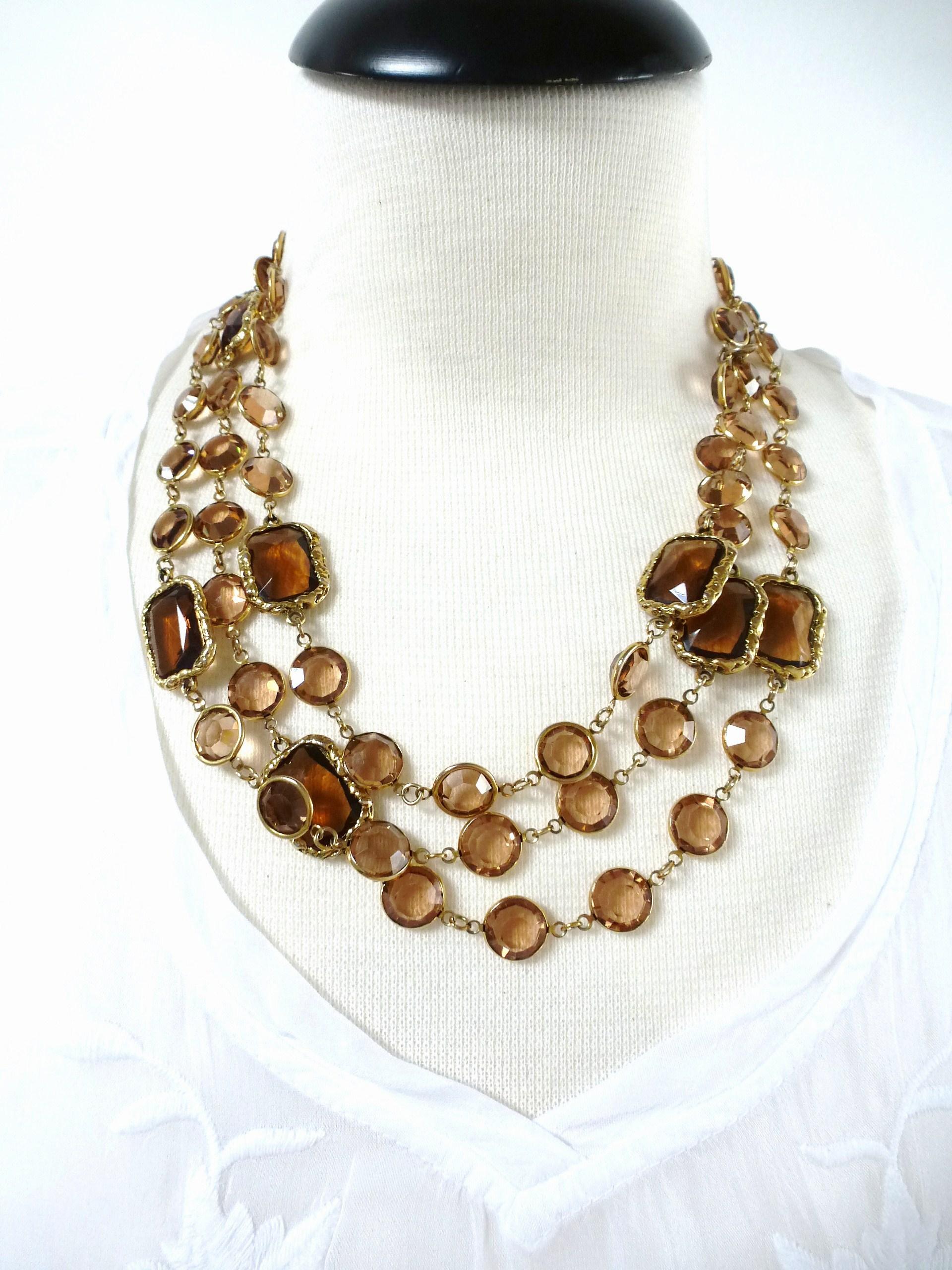 Mixed Cut Iconic Chanel Chicklet necklace, with 12 cut rhinestones brown, 152 cm long
