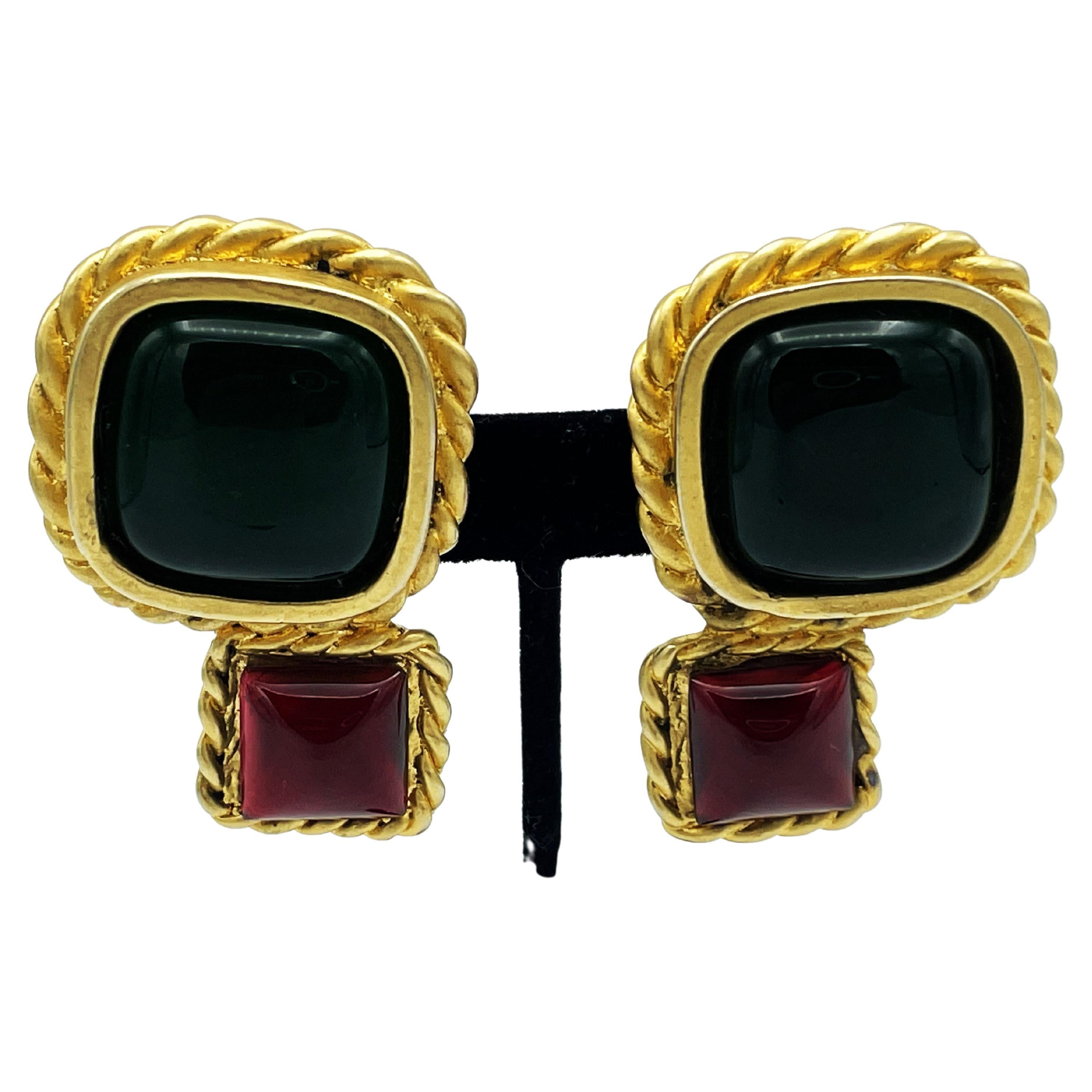 Modern ICONIC CHANEL CLIP-ON EARRING green and red poured glass by Gripoix, Resin 1990s For Sale