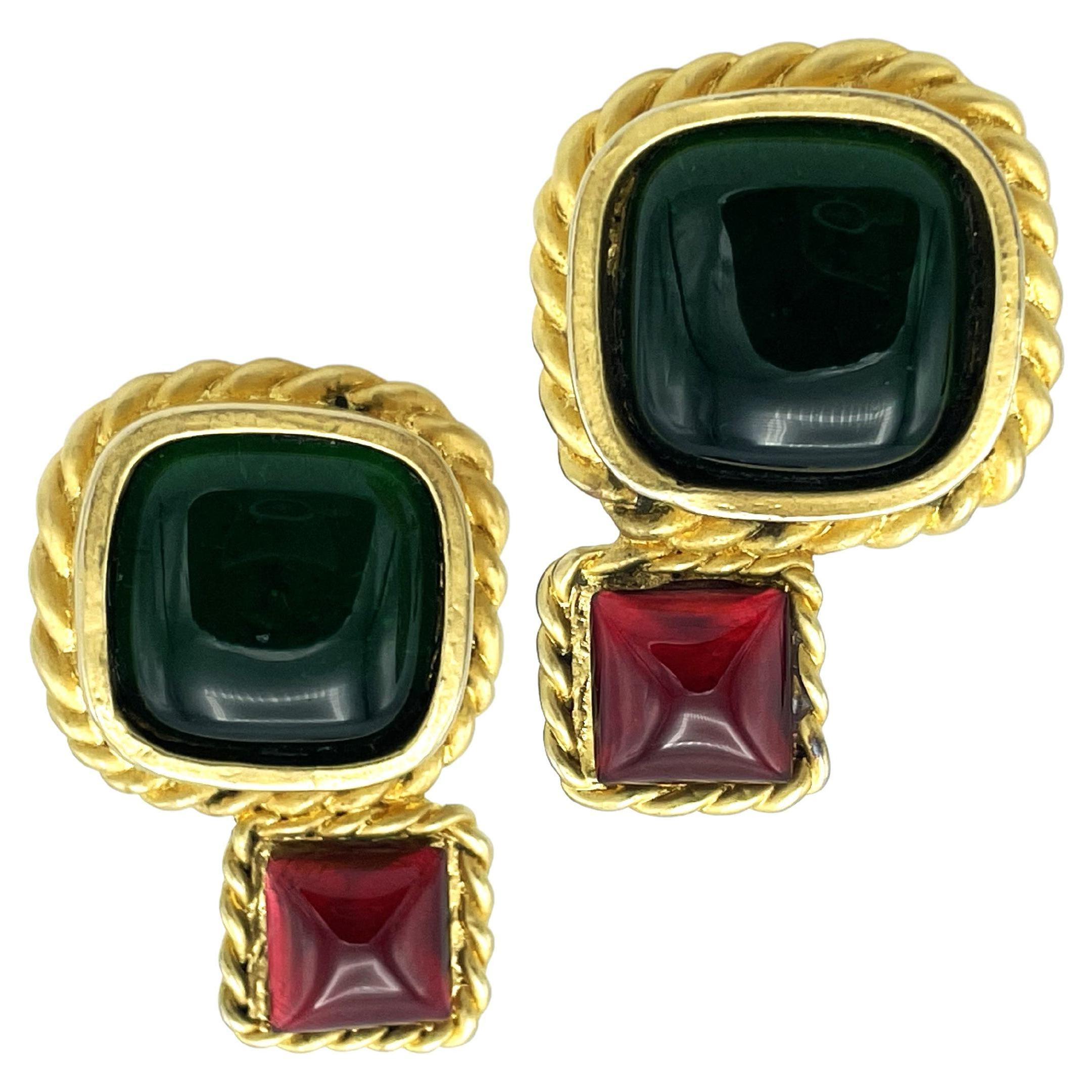 ICONIC CHANEL CLIP-ON EARRING green and red poured glass by Gripoix, Resin 1990s For Sale