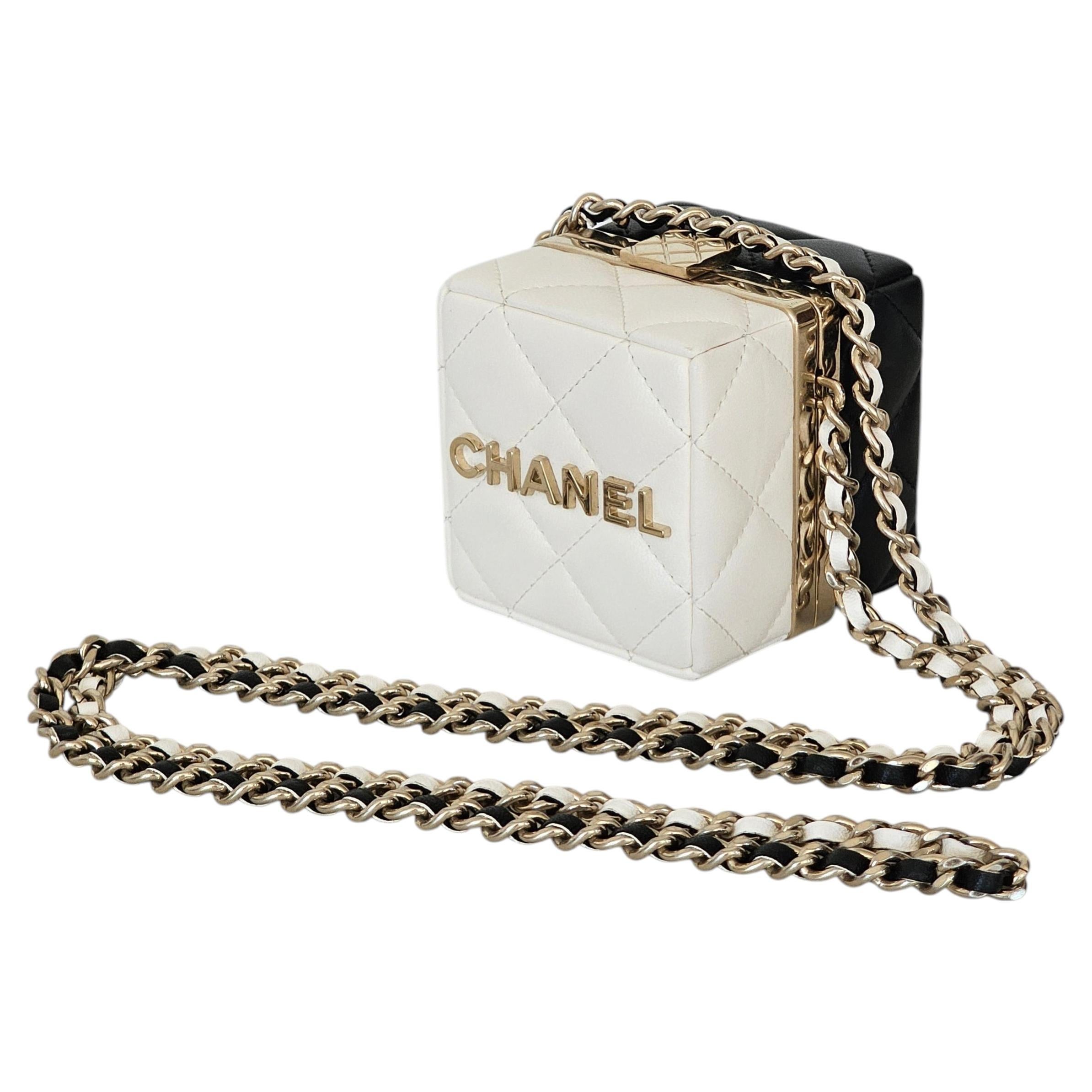 Iconic Chanel Cruise 2023 Micro Box Square Dice Bag Black White Lambskin