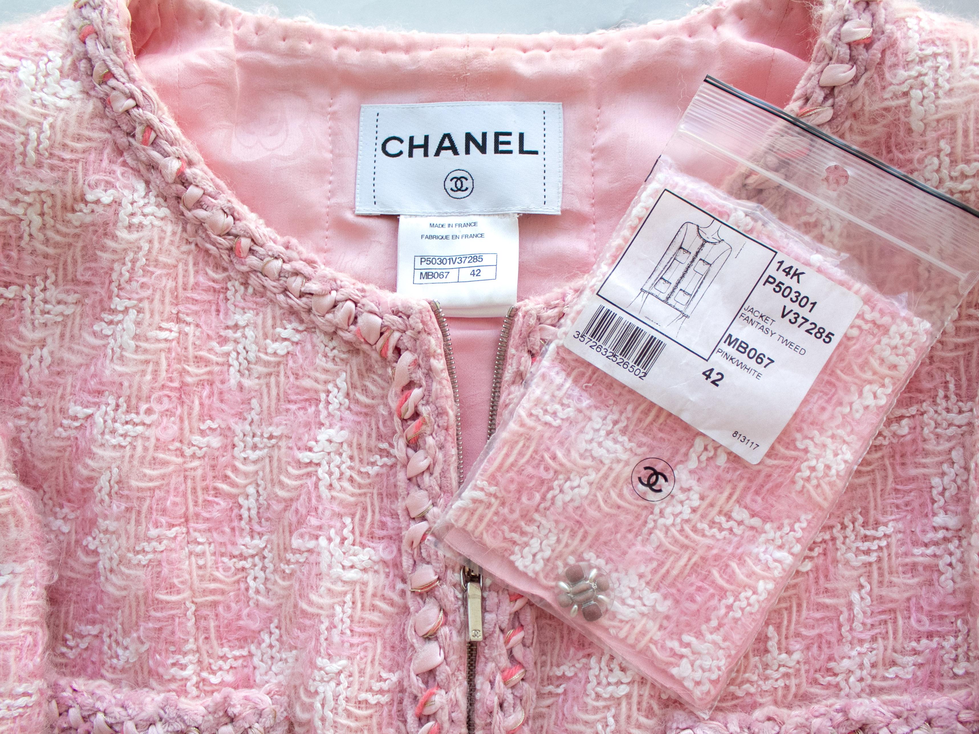 Women's Iconic Chanel Fall 2014 Supermarket Pink White Plaid 14A Fantasy Tweed Jacket 