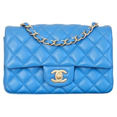 Iconic Chanel Mini Square Flap Bag Sea Blue Lambskin Gold HW Box Full Set