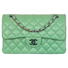 Iconic Chanel Small Double Flap Mint Green Lambskin Rainbow HW Box Full Set