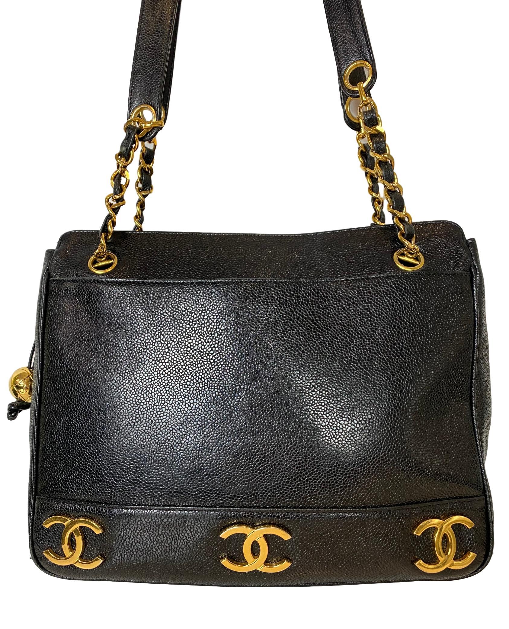 Iconic Chanel Vintage Black Caviar Leather Triple Logo Shoulder Bag, 1994 6