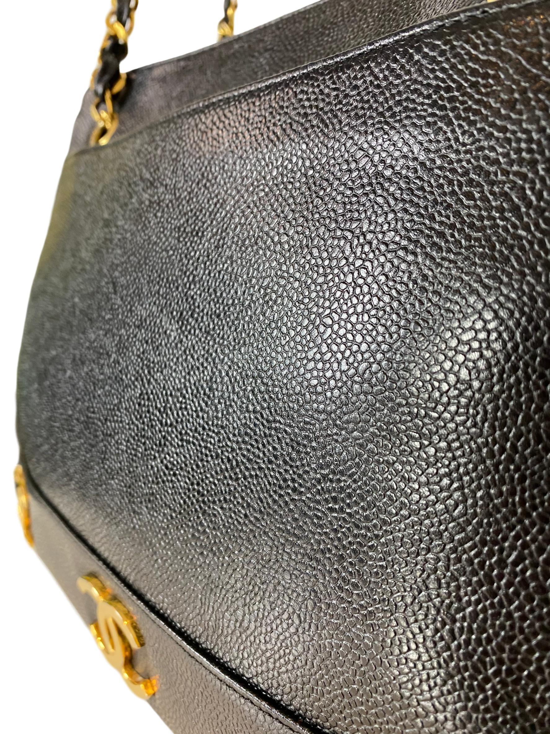 Iconic Chanel Vintage Black Caviar Leather Triple Logo Shoulder Bag, 1994 1