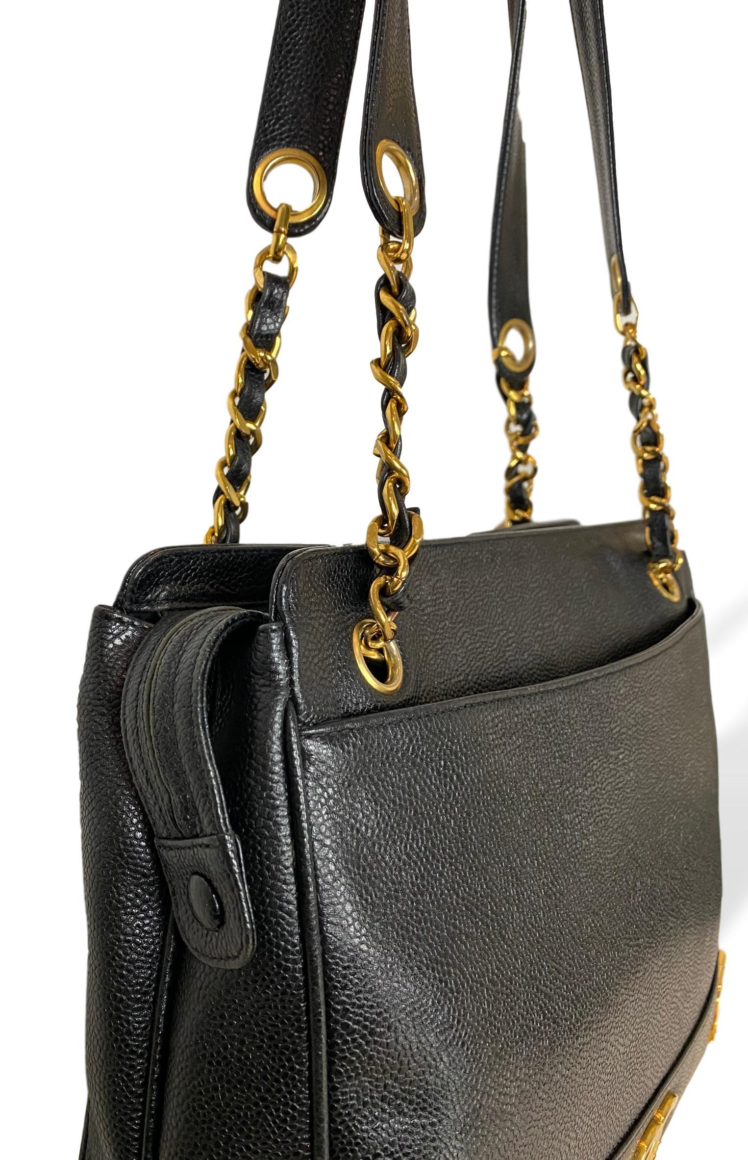 Women's or Men's Iconic Chanel Vintage Black Caviar Leather Triple Logo Shoulder Bag, 1994
