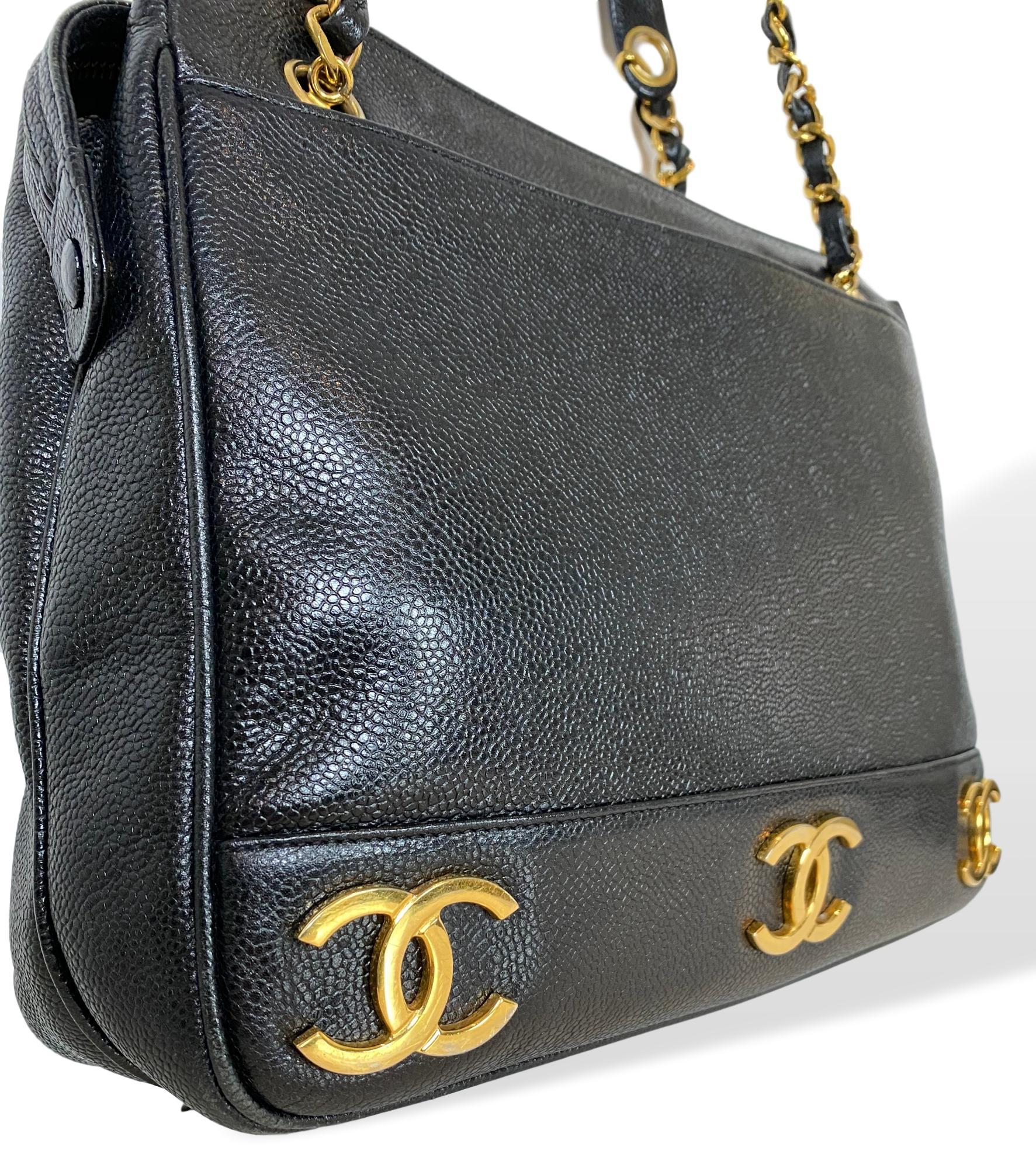 Iconic Chanel Vintage Black Caviar Leather Triple Logo Shoulder Bag, 1994 1
