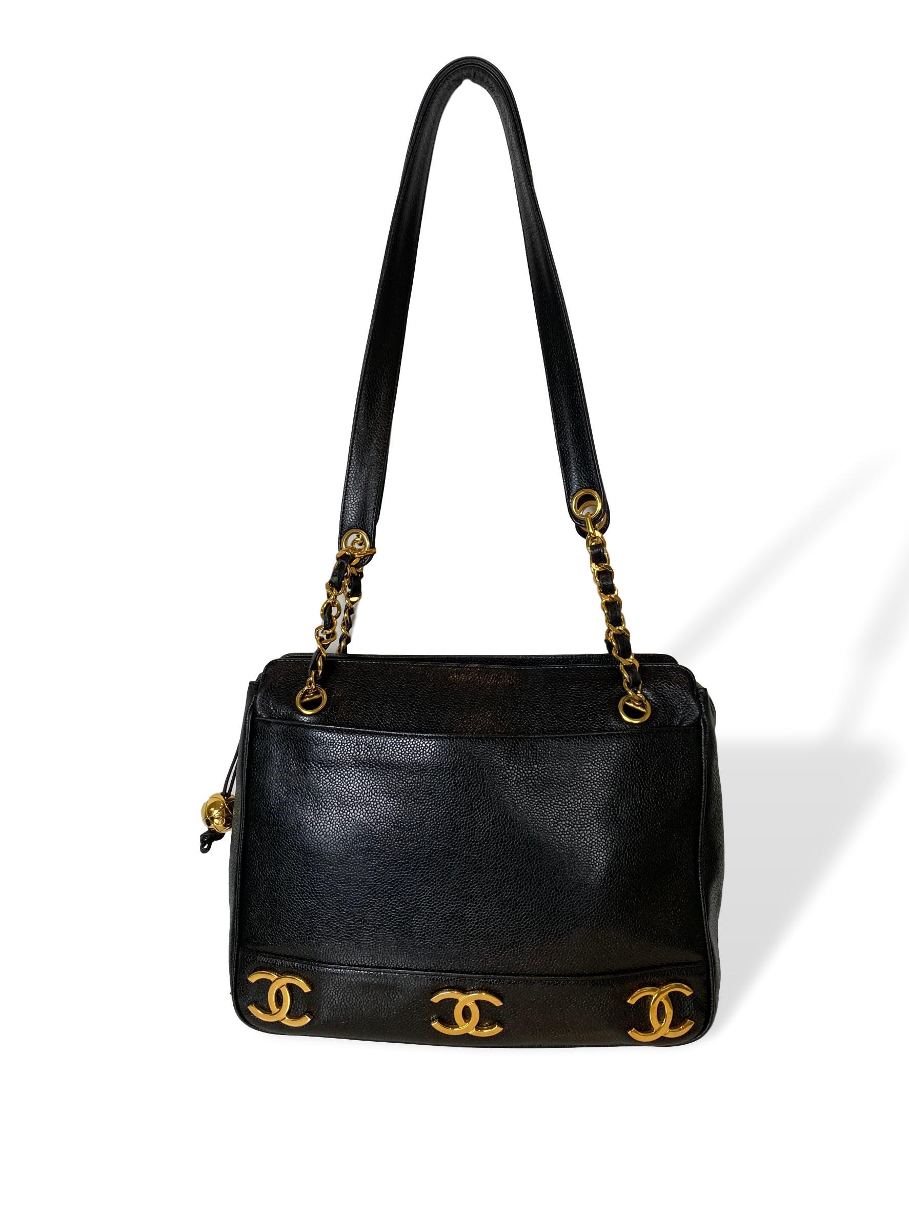 Iconic Chanel Vintage Black Caviar Leather Triple Logo Shoulder Bag, 1994 5