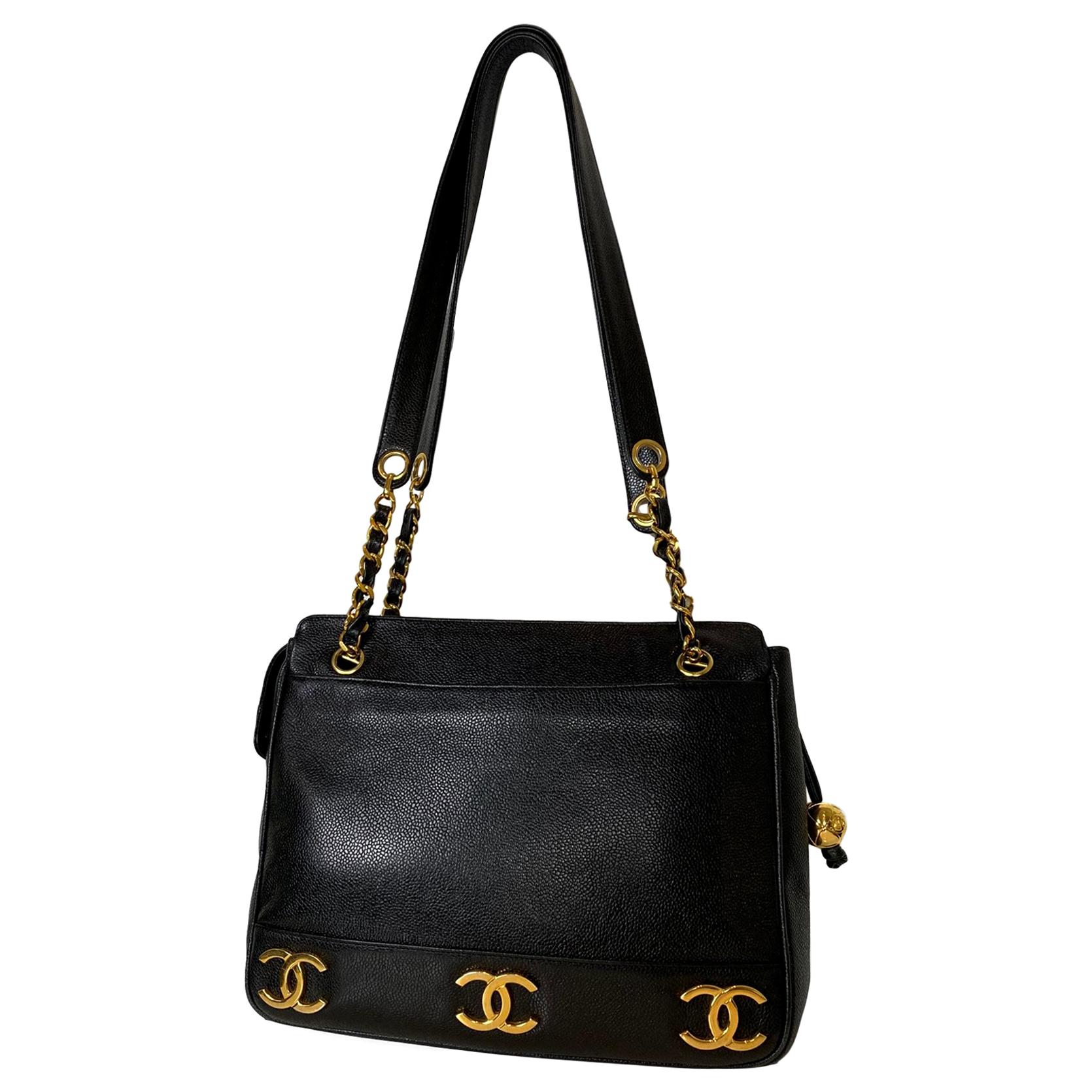 Iconic Chanel Vintage Black Caviar Leather Triple Logo Shoulder Bag, 1994