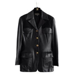 Iconic Chanel Retro F/W 1992 Black Gold CC Lambskin Leather Suede Jacket