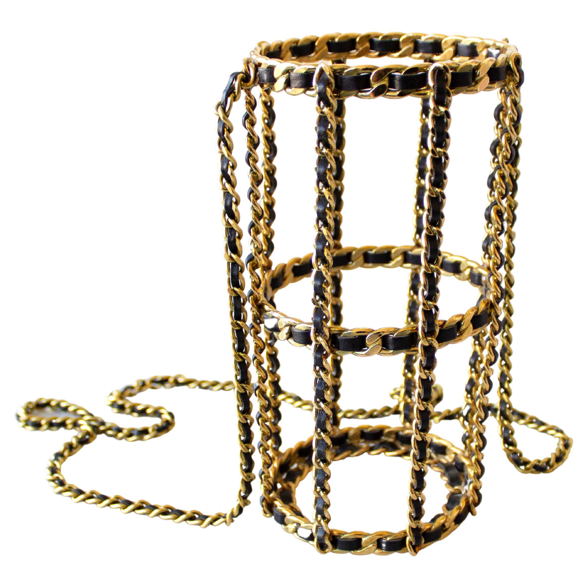 Iconic Chanel Vintage Fall 1994 Gold Metal Chain Black 94A Water Bottle Holder For Sale