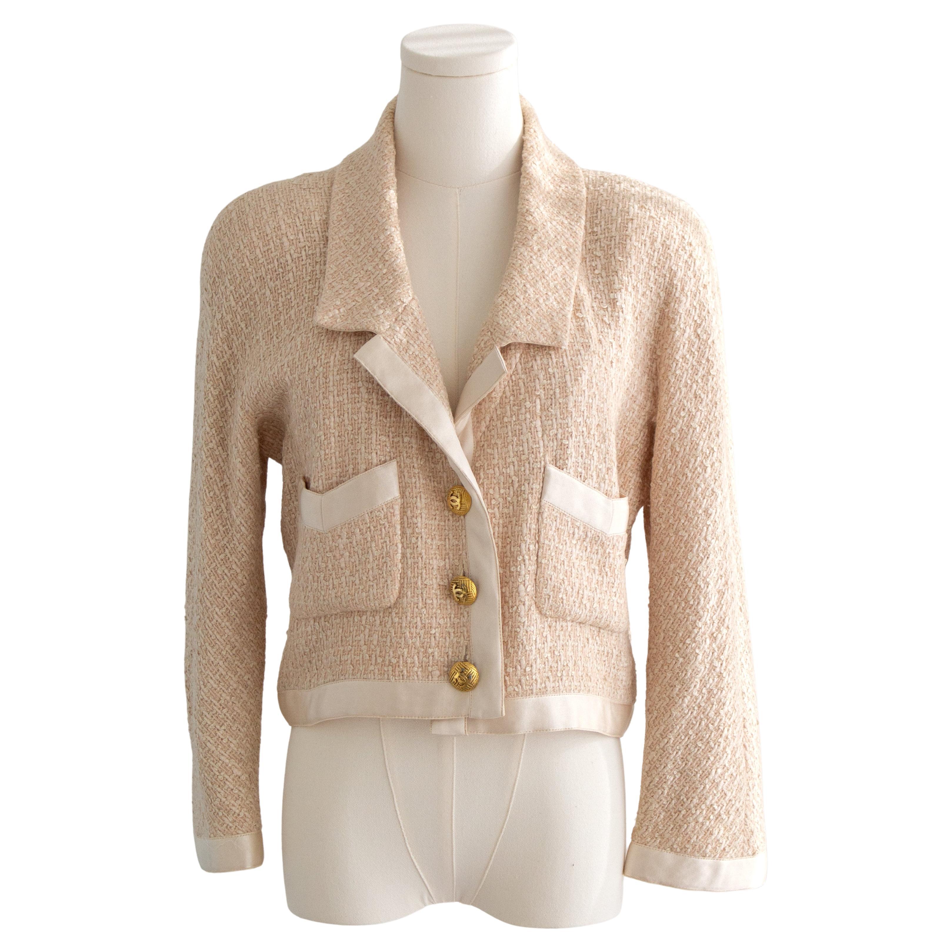 Iconic Chanel Vintage S/S 1990 Pink Ecru Satin Tweed Gold CC Cropped Jacket For Sale