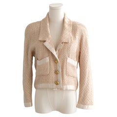 Iconic Chanel Vintage S/S 1990 Pink Ecru Satin Tweed Gold CC Cropped Jacket