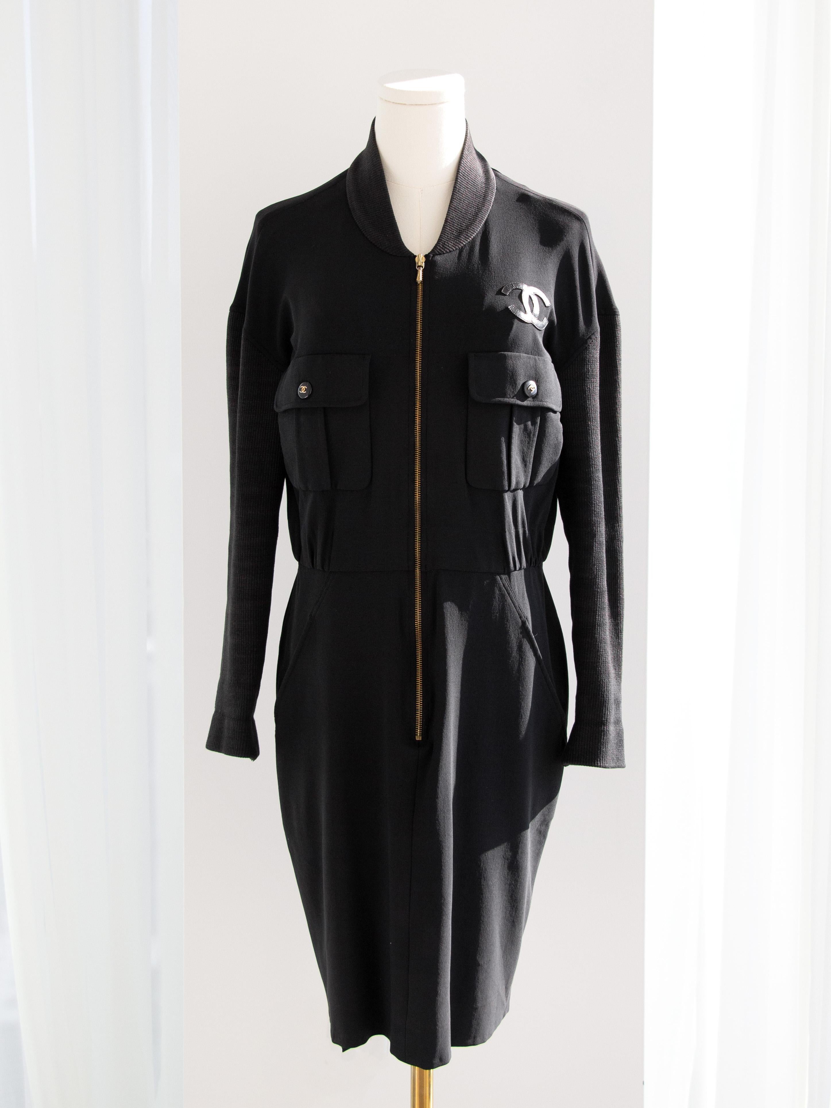 Women's Iconic Chanel Vintage S/S 1992 Karl Black CC Knit Zip Mini 90s Dress