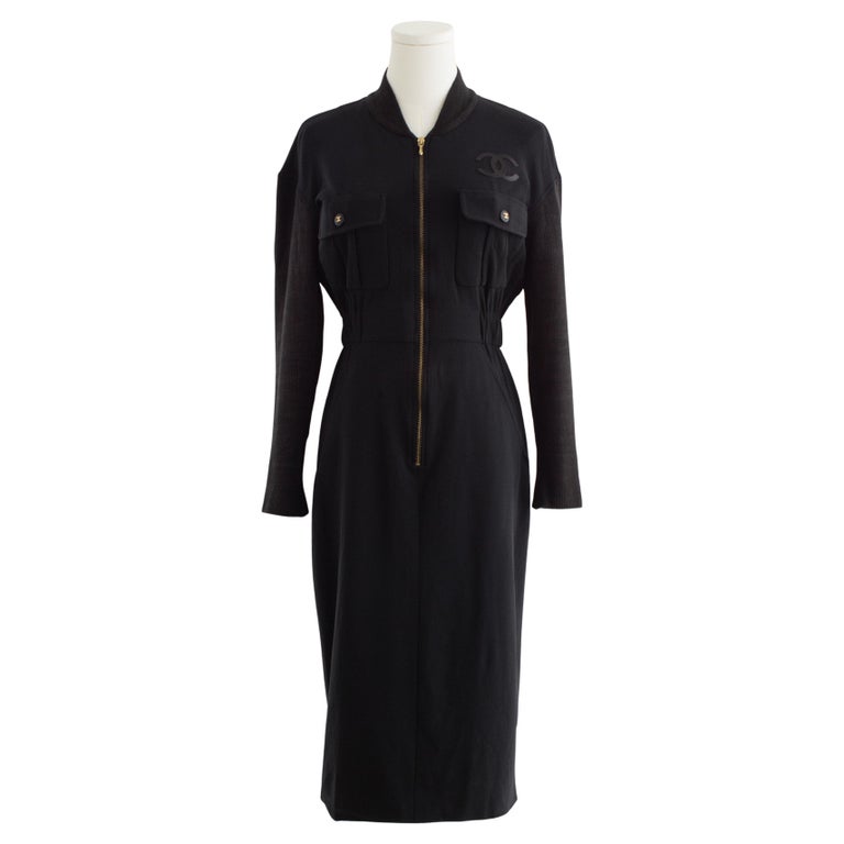 Iconic Chanel Vintage S/s 1992 Karl Black Cc Knit Zip Mini 90s Dress