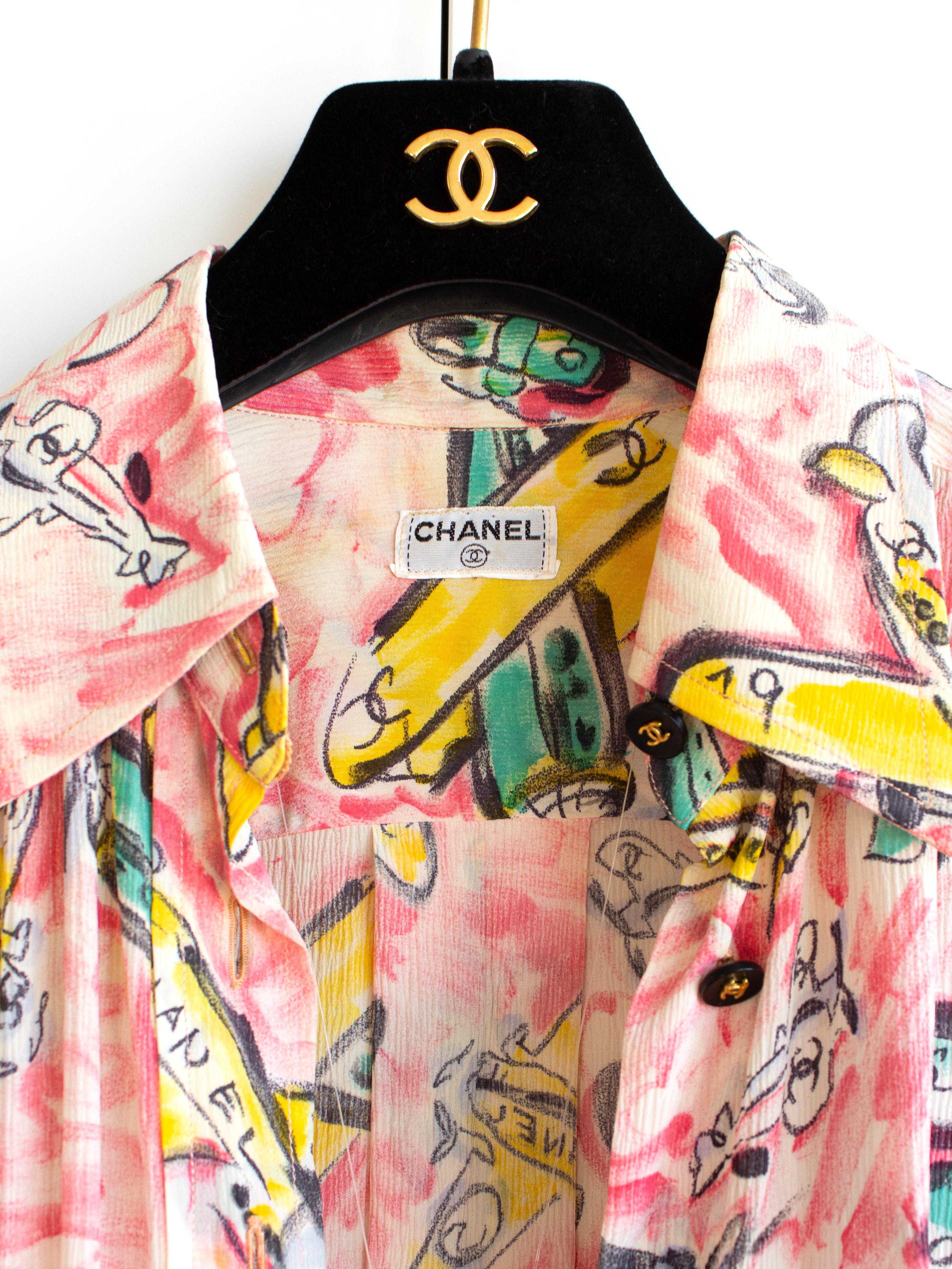 Iconique Chanel Vintage S/S 1994 Pink Airplane Print Shirt Bra Shorts 94P Set en vente 3