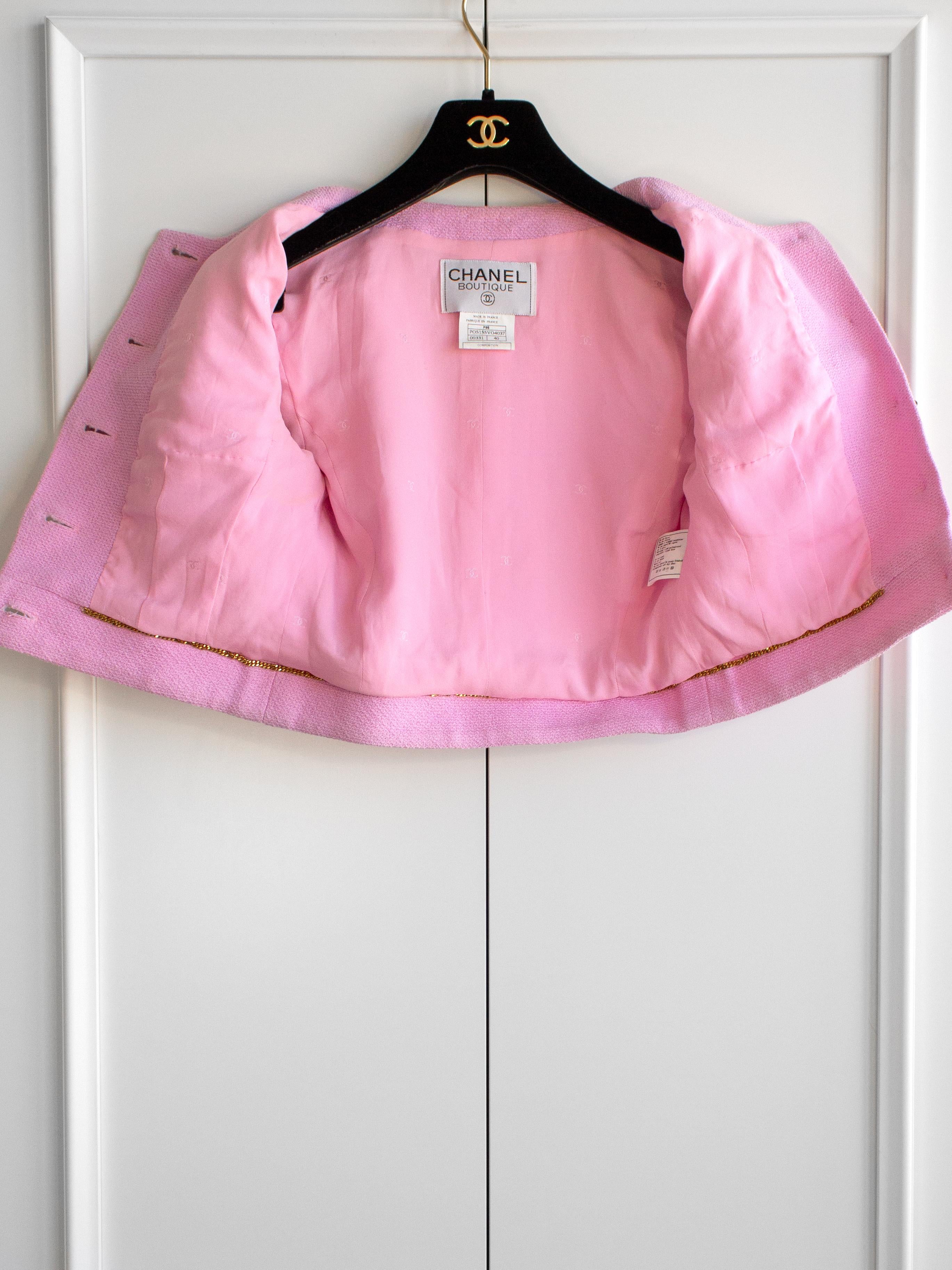 Iconic Chanel Vintage S/S 1995 Barbie Cropped Pink Black 95P Jacket Corset Skirt 9