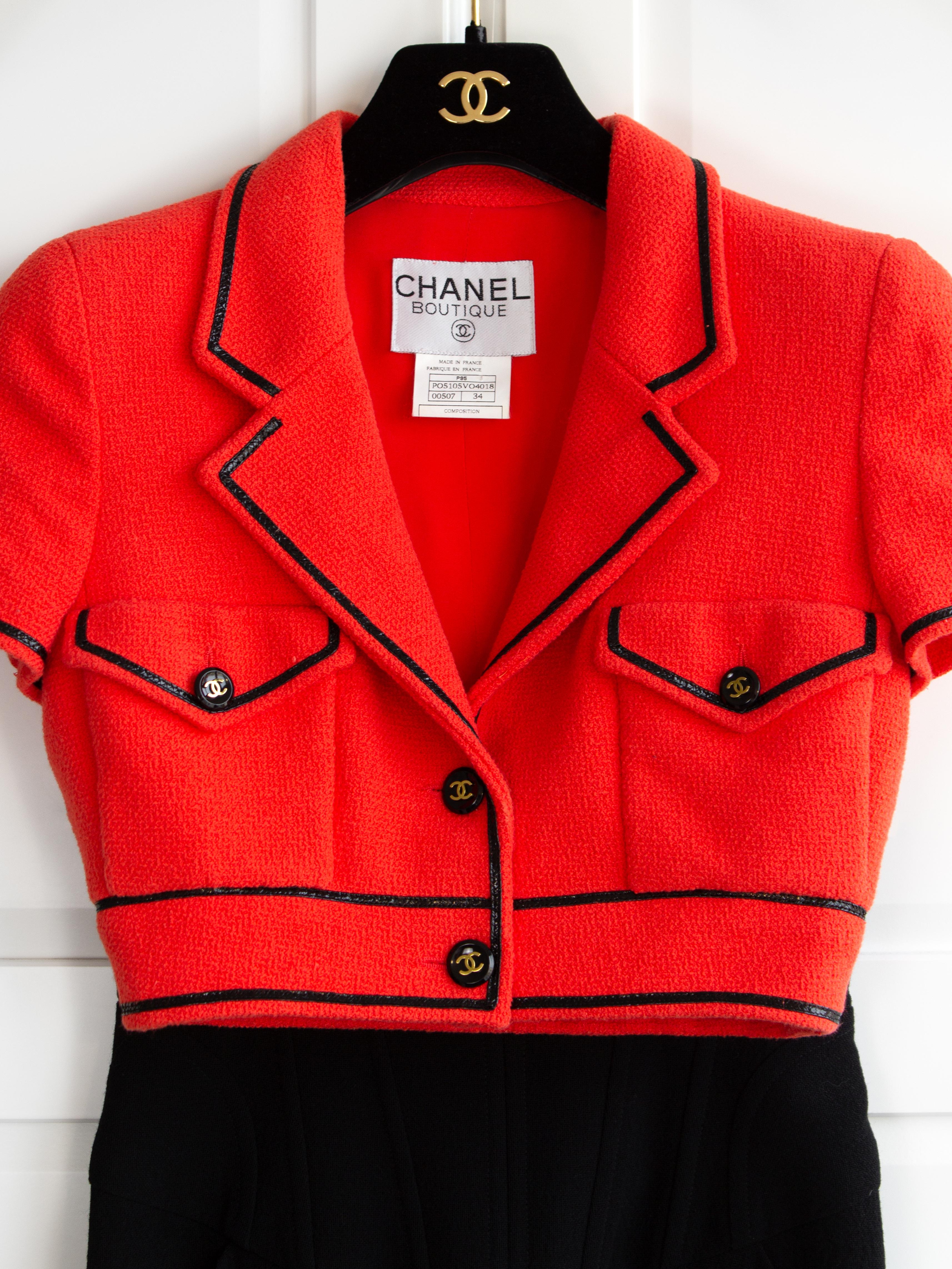 Iconic Chanel Vintage S/S 1995 Barbie Cropped Red Black 95P Jacket Corset Skirt  2