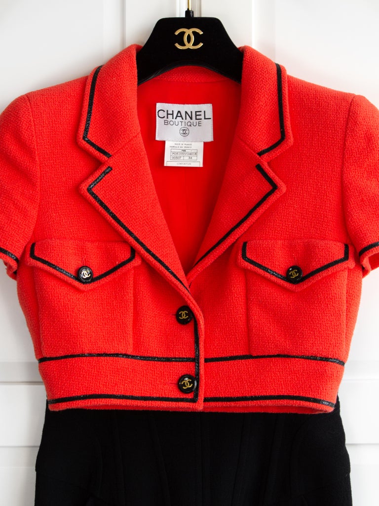 Iconic Chanel Vintage S/S 1995 Barbie Cropped Red Black 95P Jacket Corset  Skirt